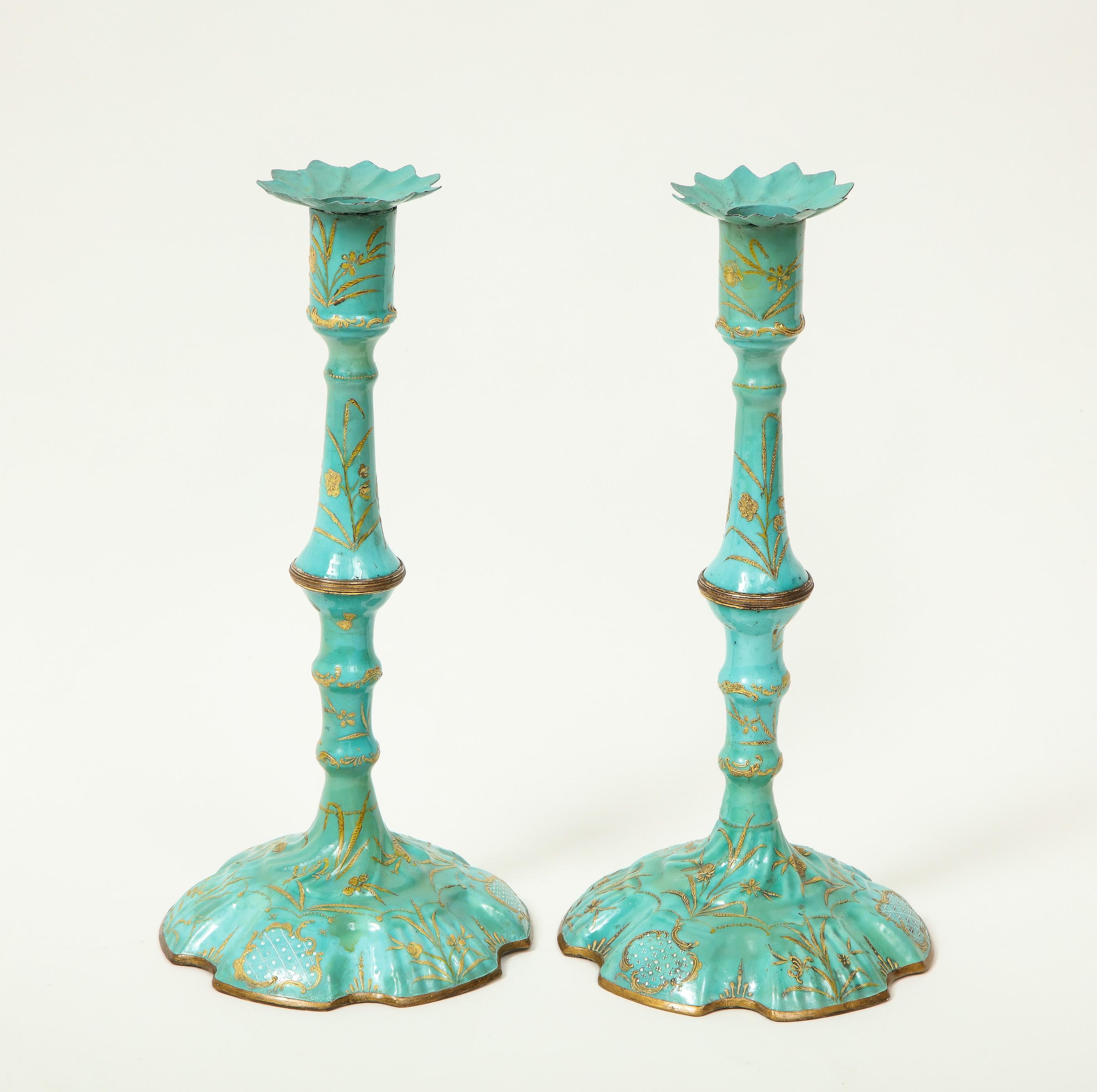 Hand-Painted Pair of Tall George III Turquoise and Gilt Battersea Enamel Candlesticks