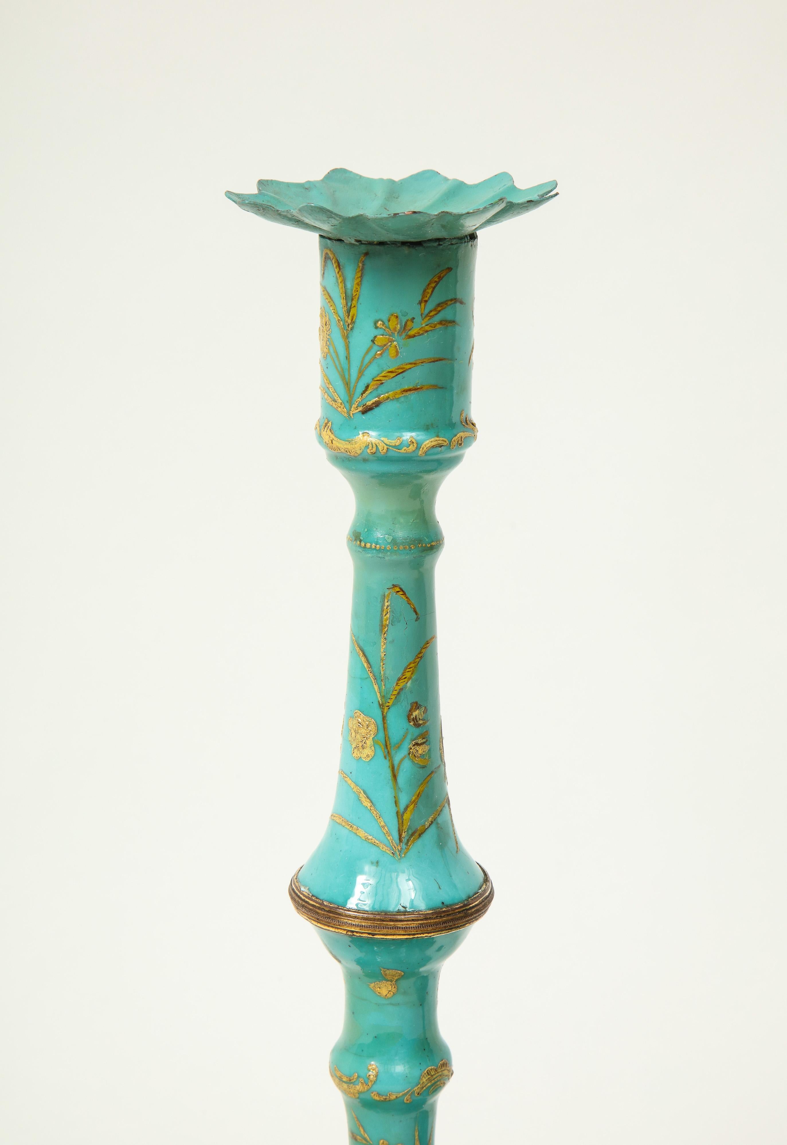 Pair of Tall George III Turquoise and Gilt Battersea Enamel Candlesticks In Good Condition In New York, NY