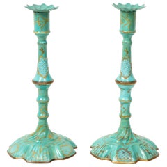 Pair of Tall George III Turquoise and Gilt Battersea Enamel Candlesticks