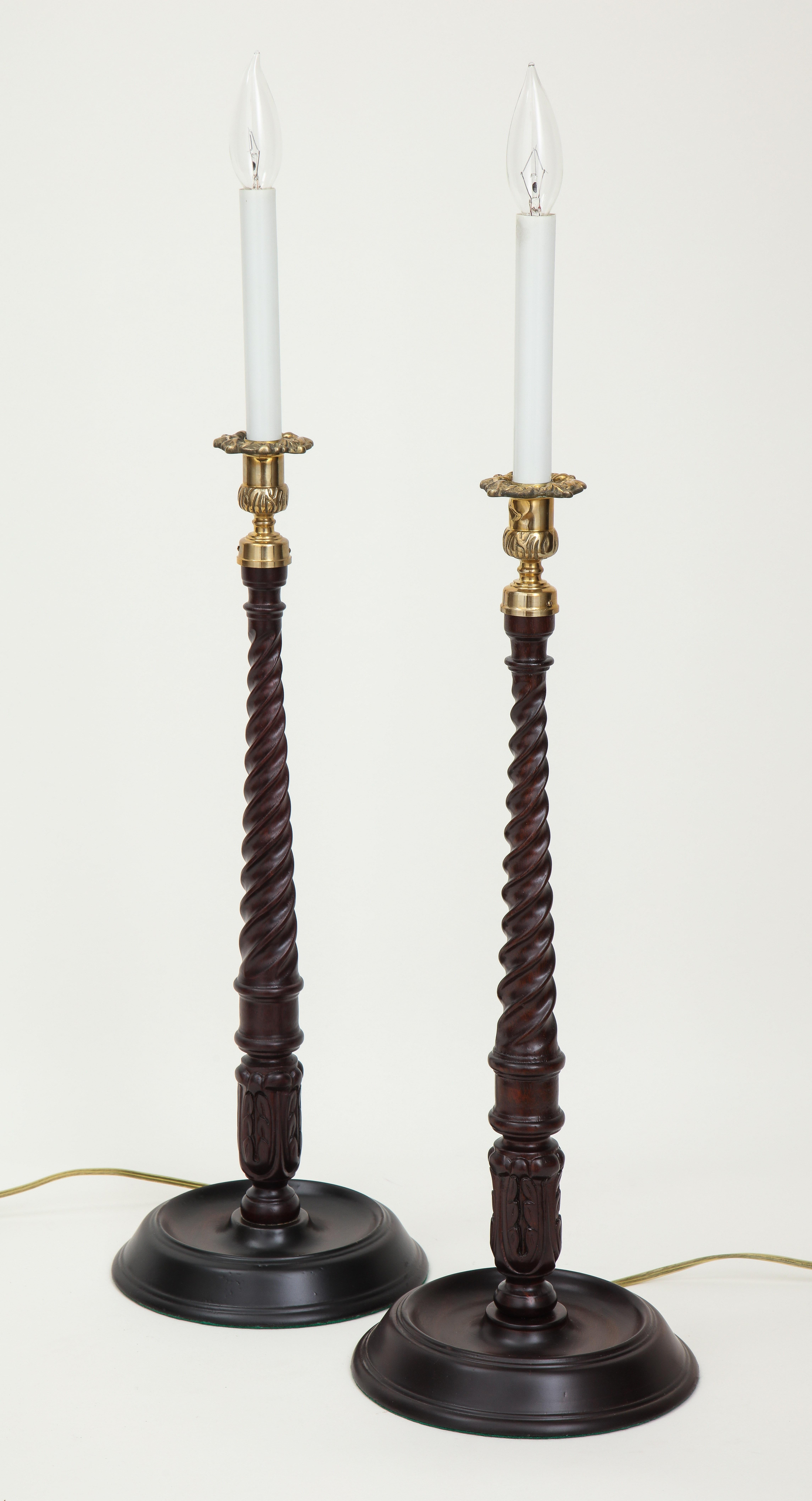 Stained Pair of Tall Georgian Style Candlestick Lamps