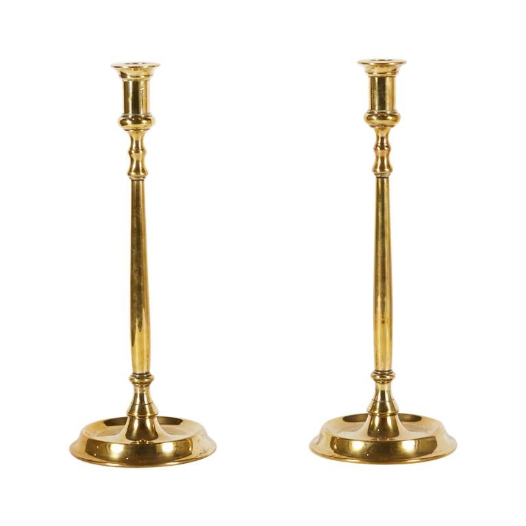 Pair of Tall Georgian Style or Early Victorian Brass Candlesticks