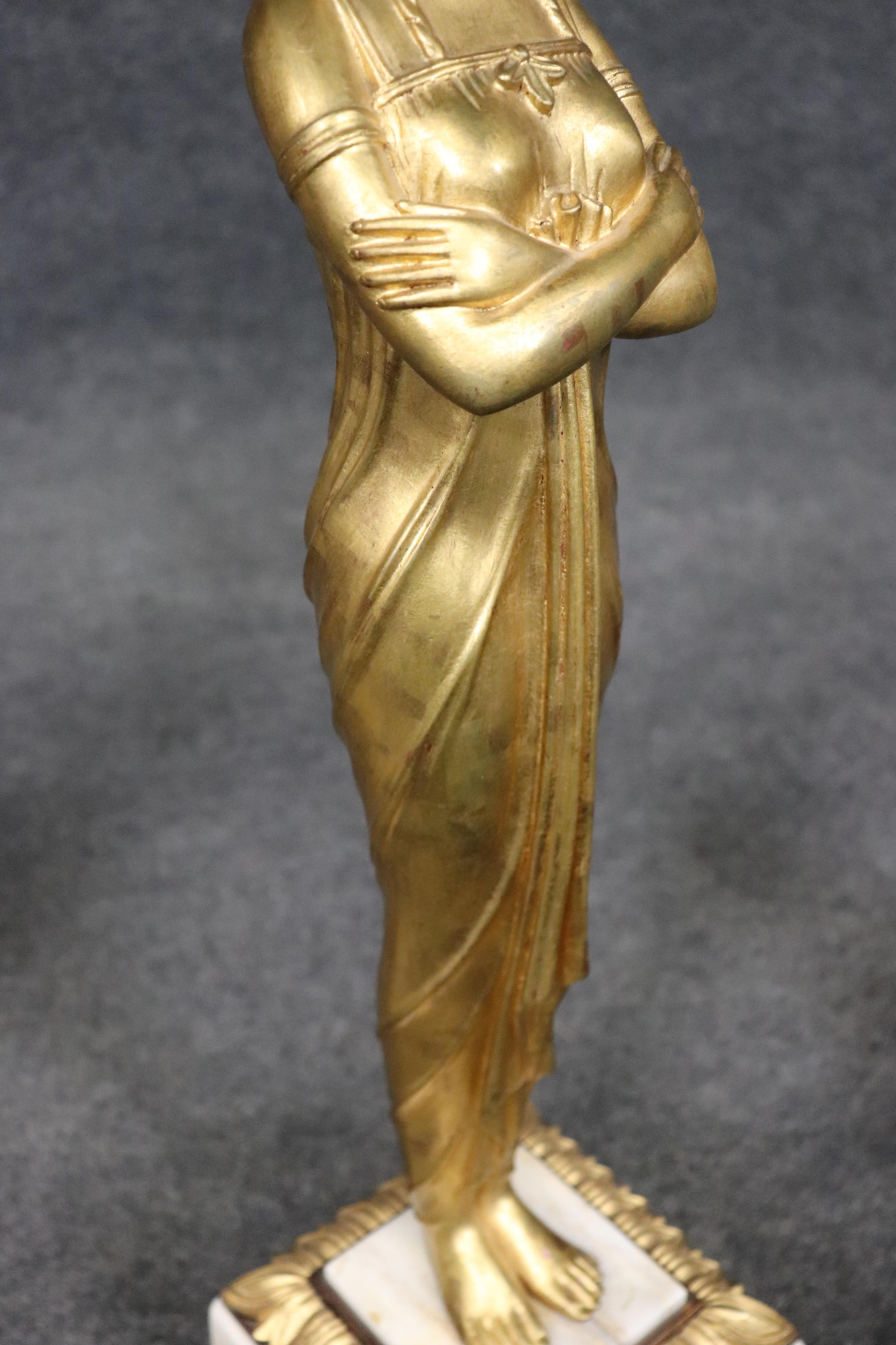 Pair of Tall Gilded Figural Marble Top Neoclassical French End Tables For Sale 4