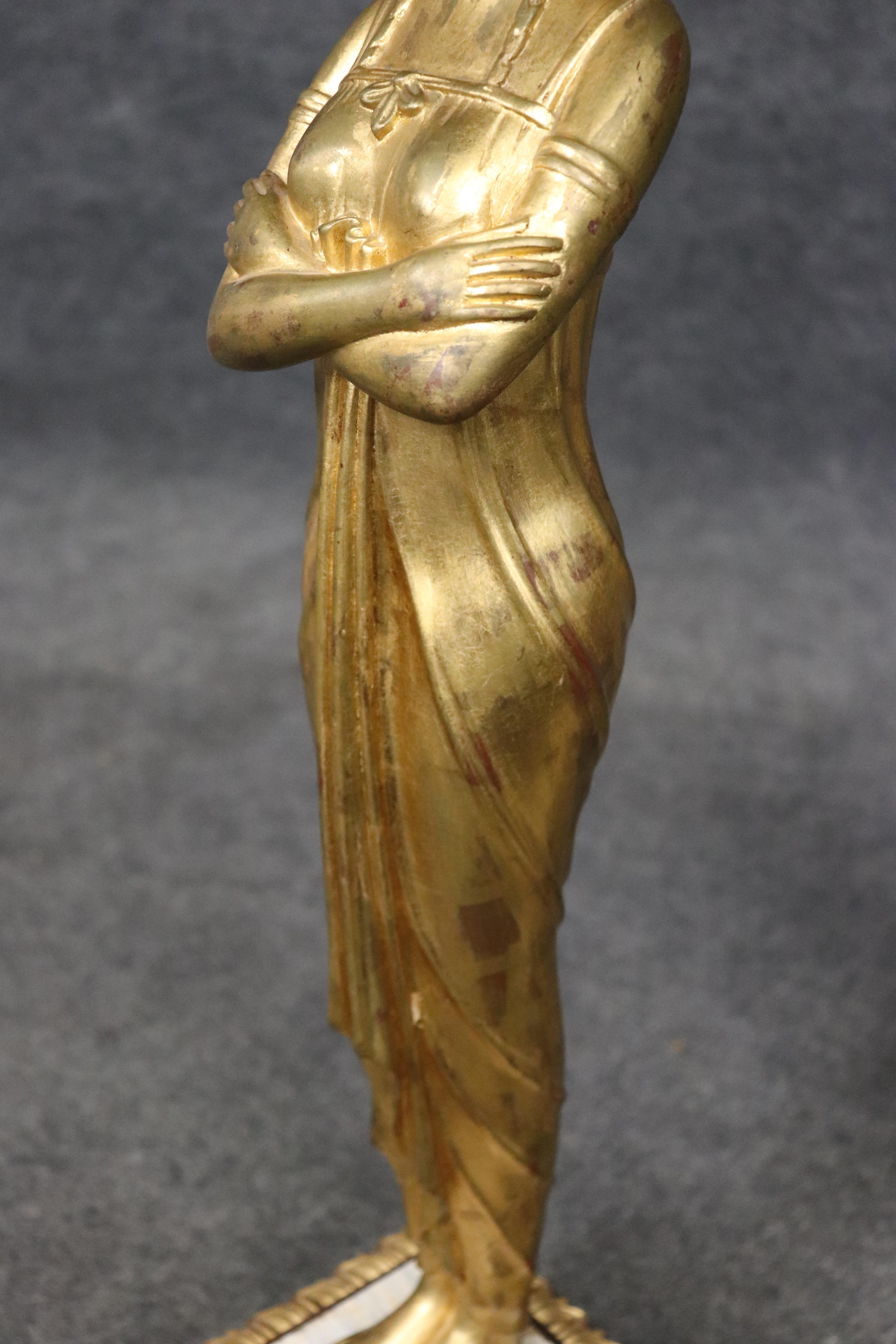 Pair of Tall Gilded Figural Marble Top Neoclassical French End Tables For Sale 5