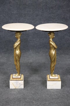 Pair of Tall Gilded Figural Marble Top Neoclassical French End Tables