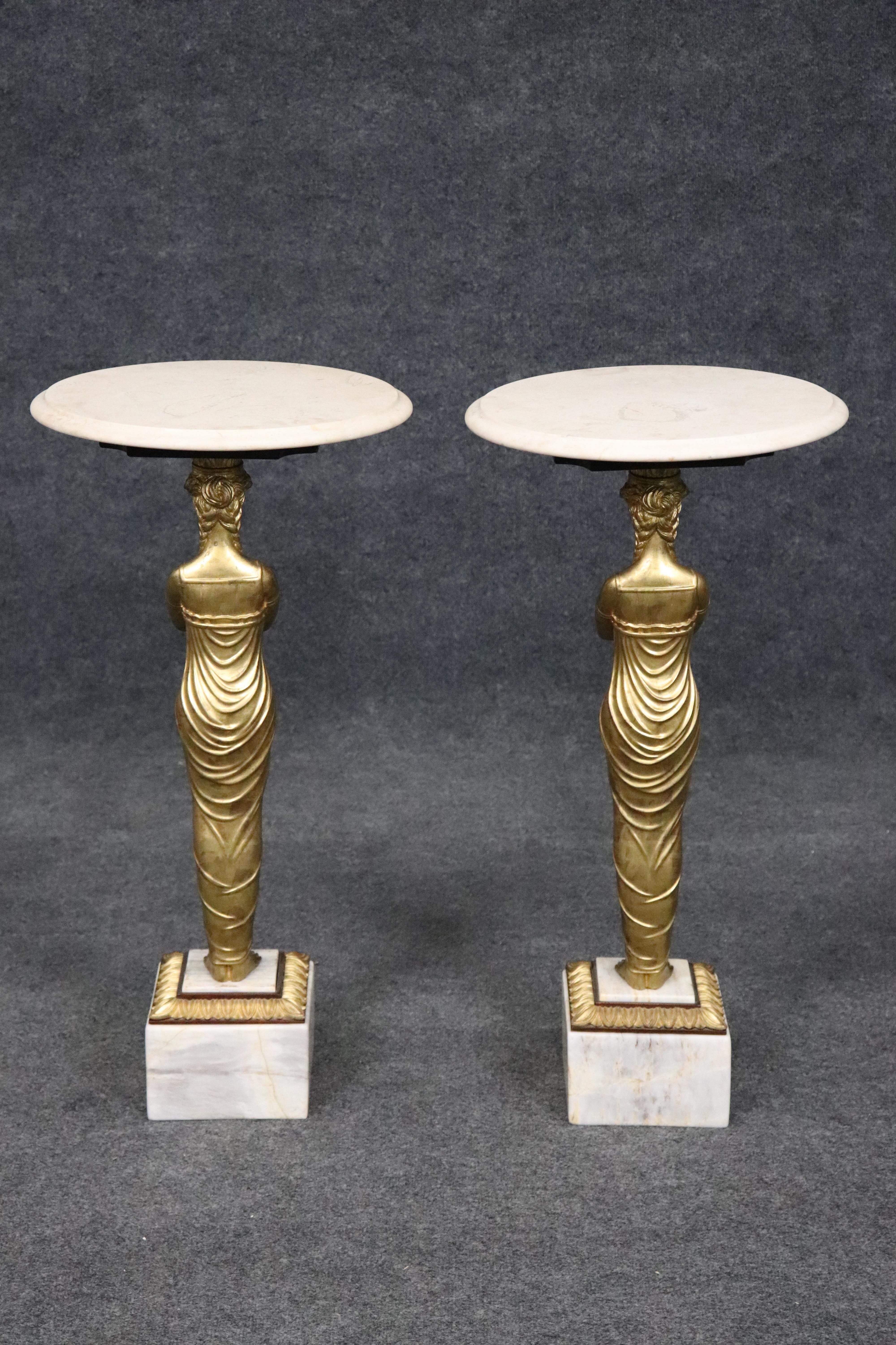 Neoclassical Revival Pair of Tall Gilded Figural Marble Top Neoclassical French End Tables For Sale