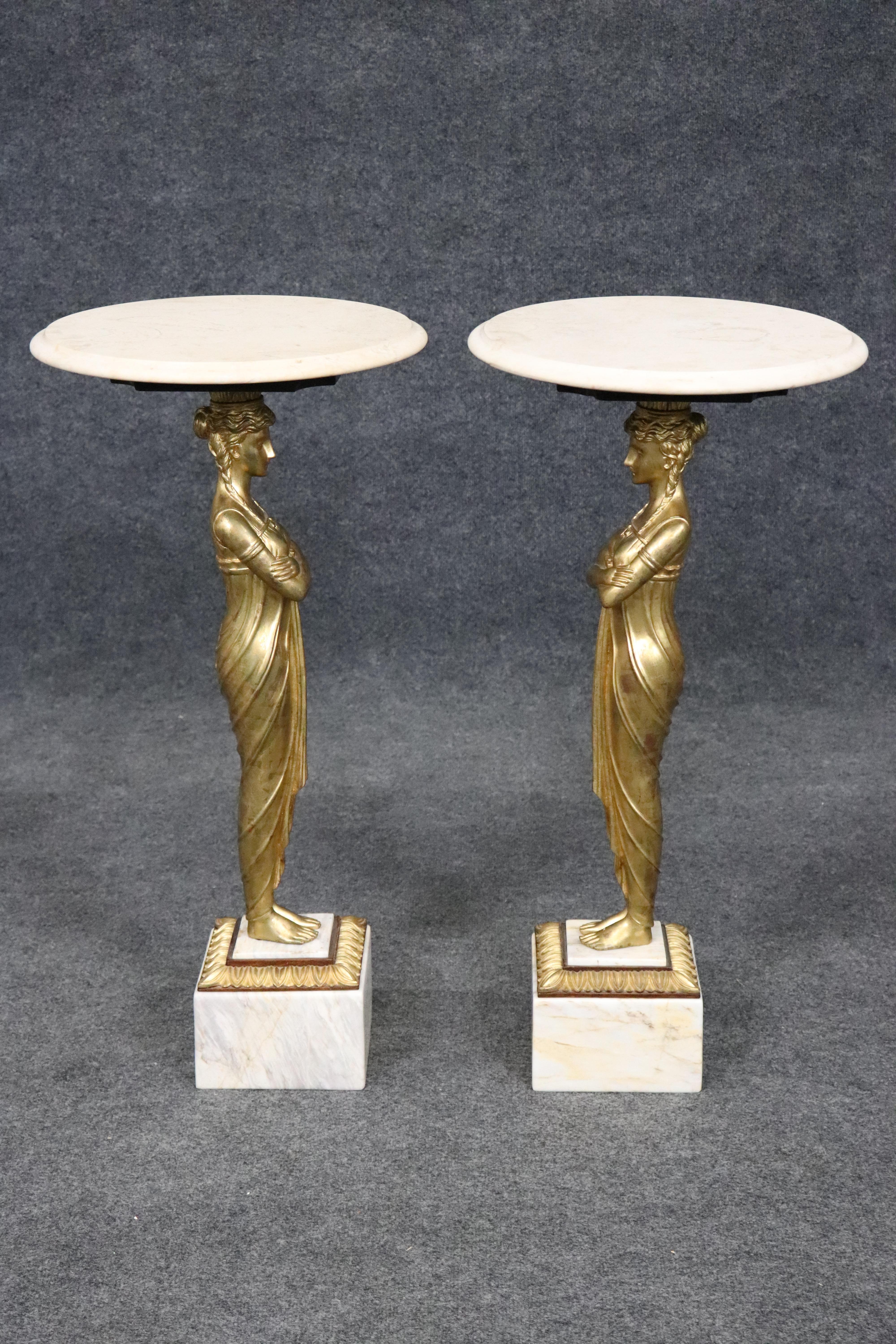 Pair of Tall Gilded Figural Marble Top Neoclassical French End Tables In Good Condition For Sale In Swedesboro, NJ