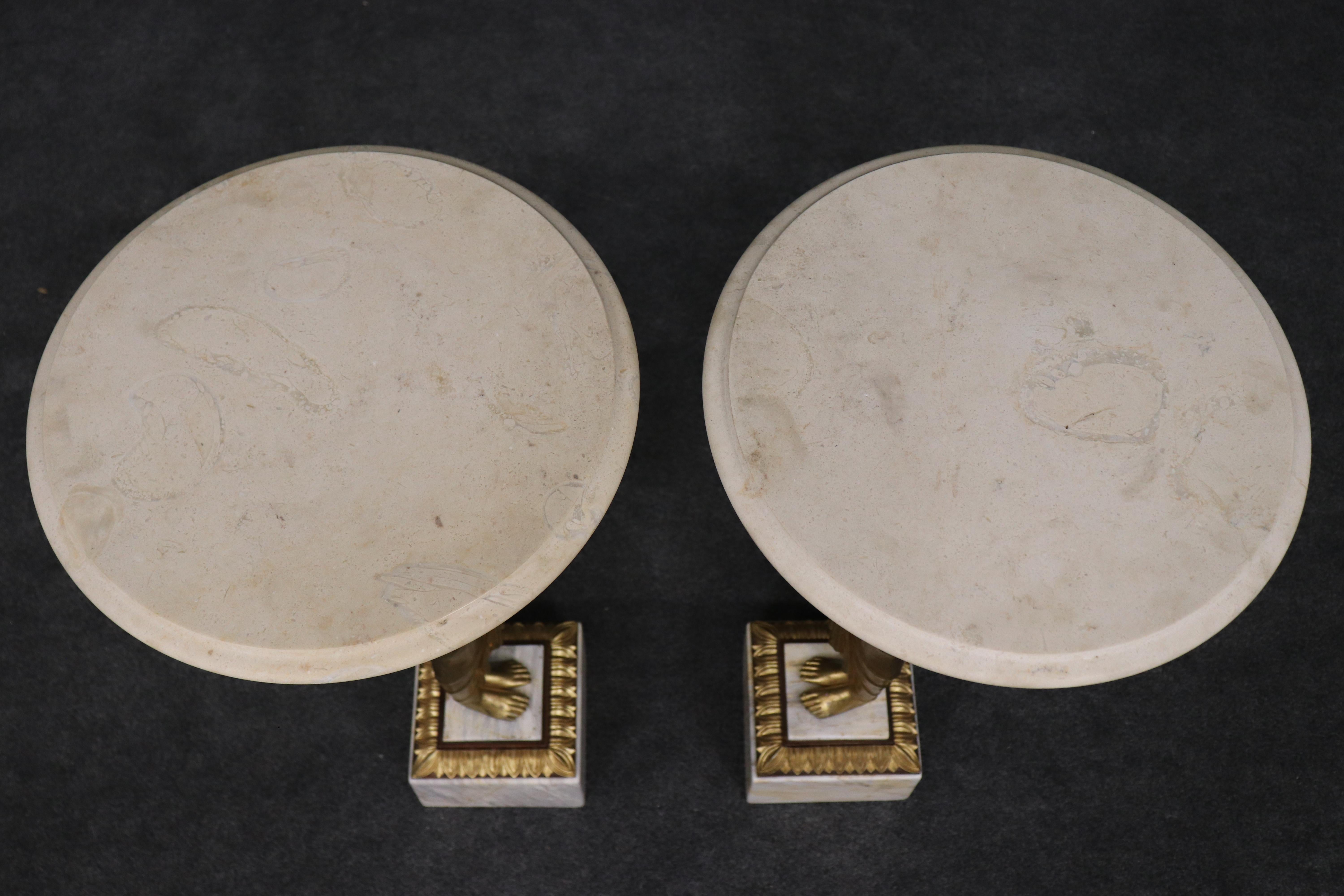 Mid-20th Century Pair of Tall Gilded Figural Marble Top Neoclassical French End Tables For Sale