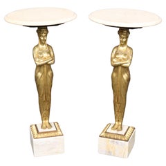 Pair of Tall Gilded Figural Marble Top Neoclassical French End Tables