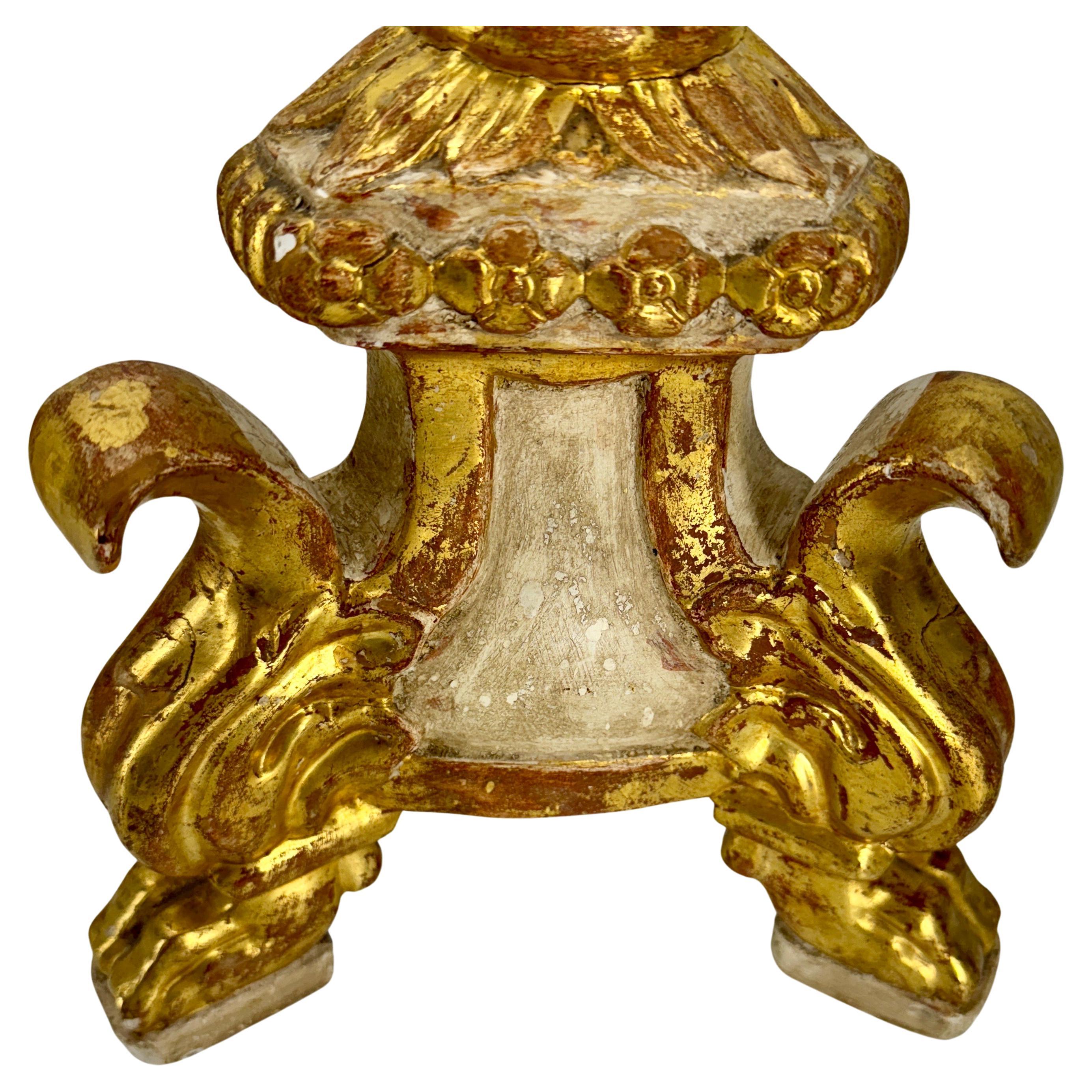 Pair of Tall Gilded Italian Pricket Alter Candlesticks With Original Paint For Sale 5
