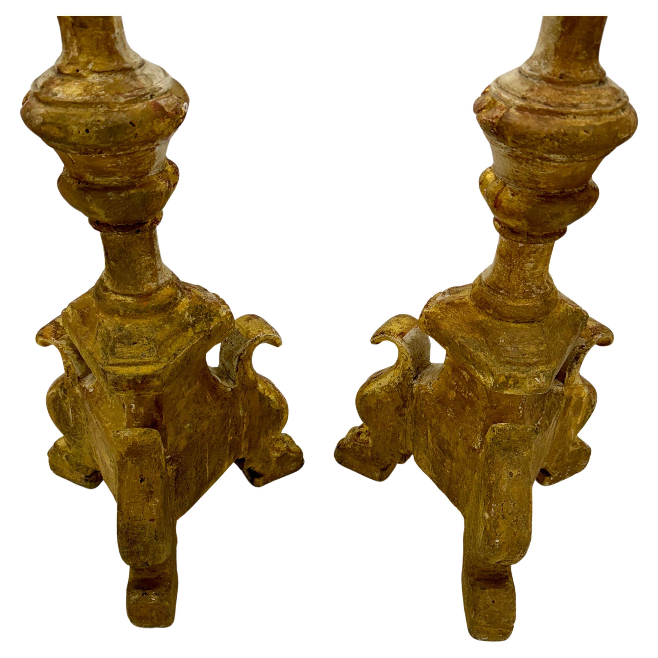 Pair of Tall Gilded Italian Pricket Alter Candlesticks With Original Paint For Sale 6