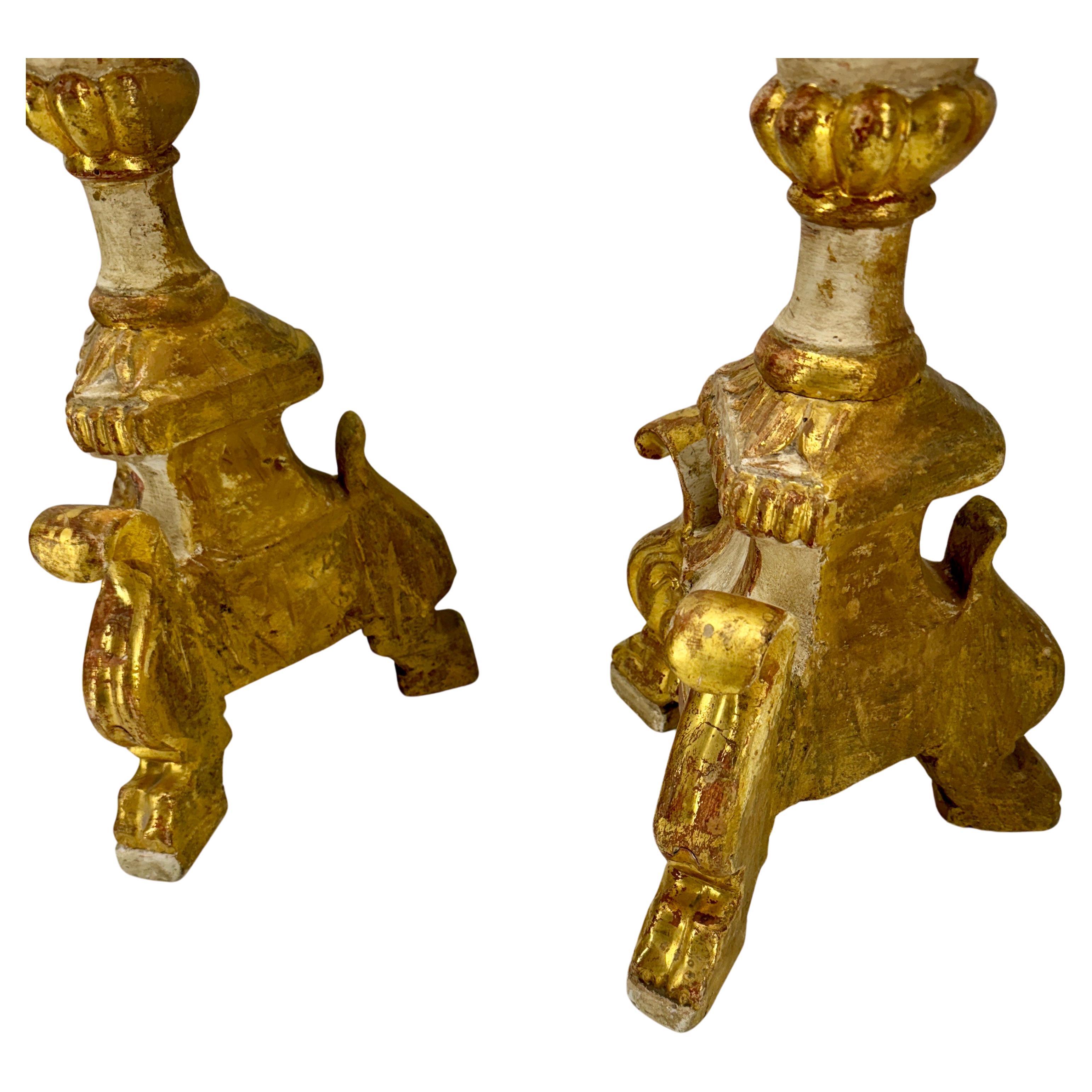 Pair of Tall Gilded Italian Pricket Alter Candlesticks With Original Paint For Sale 8