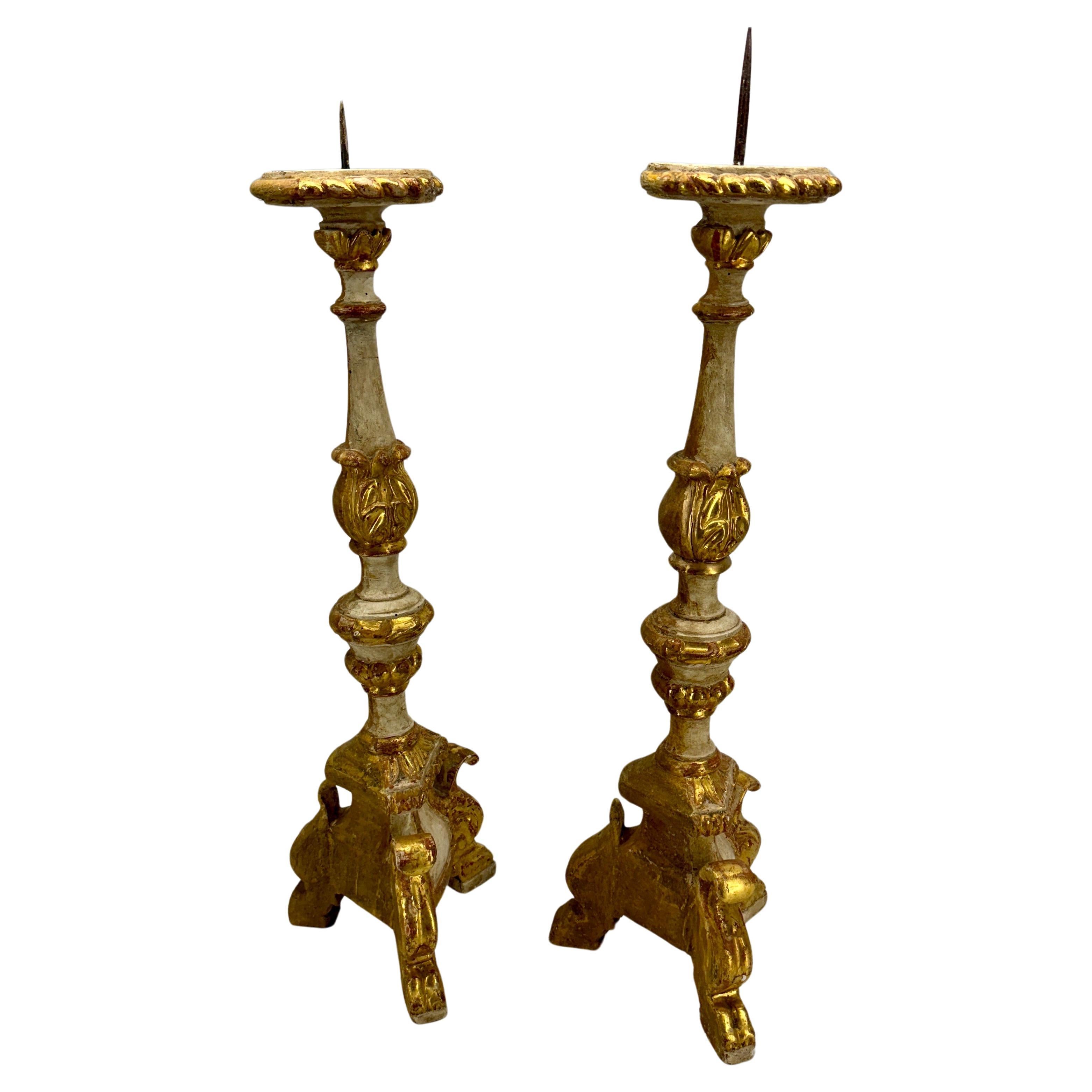 Pair of Tall Gilded Italian Pricket Alter Candlesticks With Original Paint For Sale 9