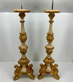 Pair of Tall Gilded Italian Pricket Alter Candlesticks With Original Paint
