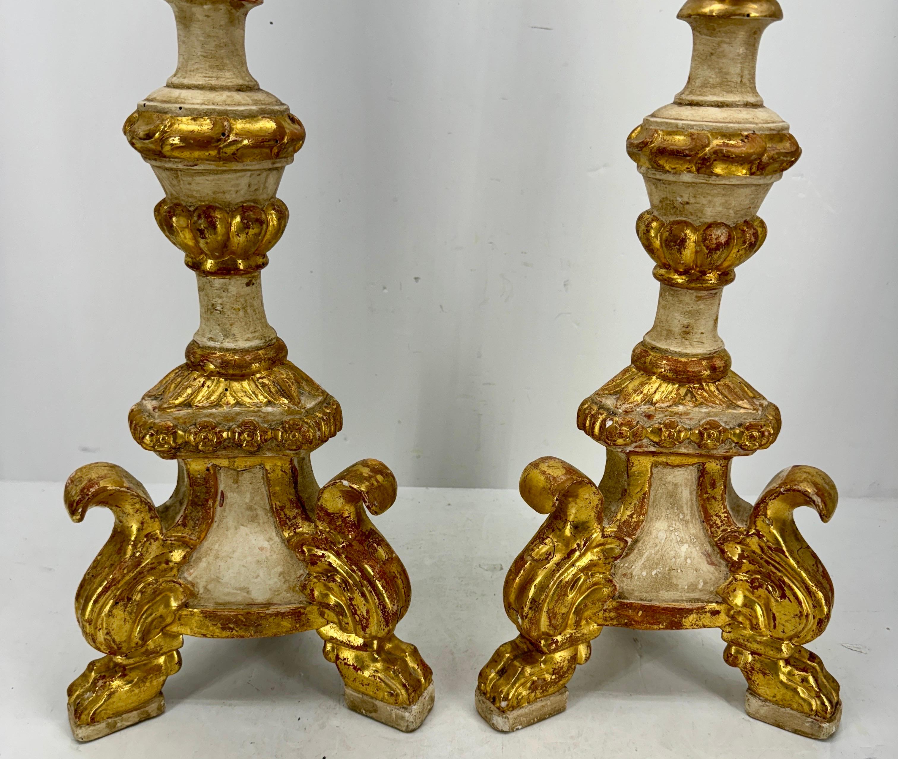 Baroque Pair of Tall Gilded Italian Pricket Alter Candlesticks With Original Paint For Sale