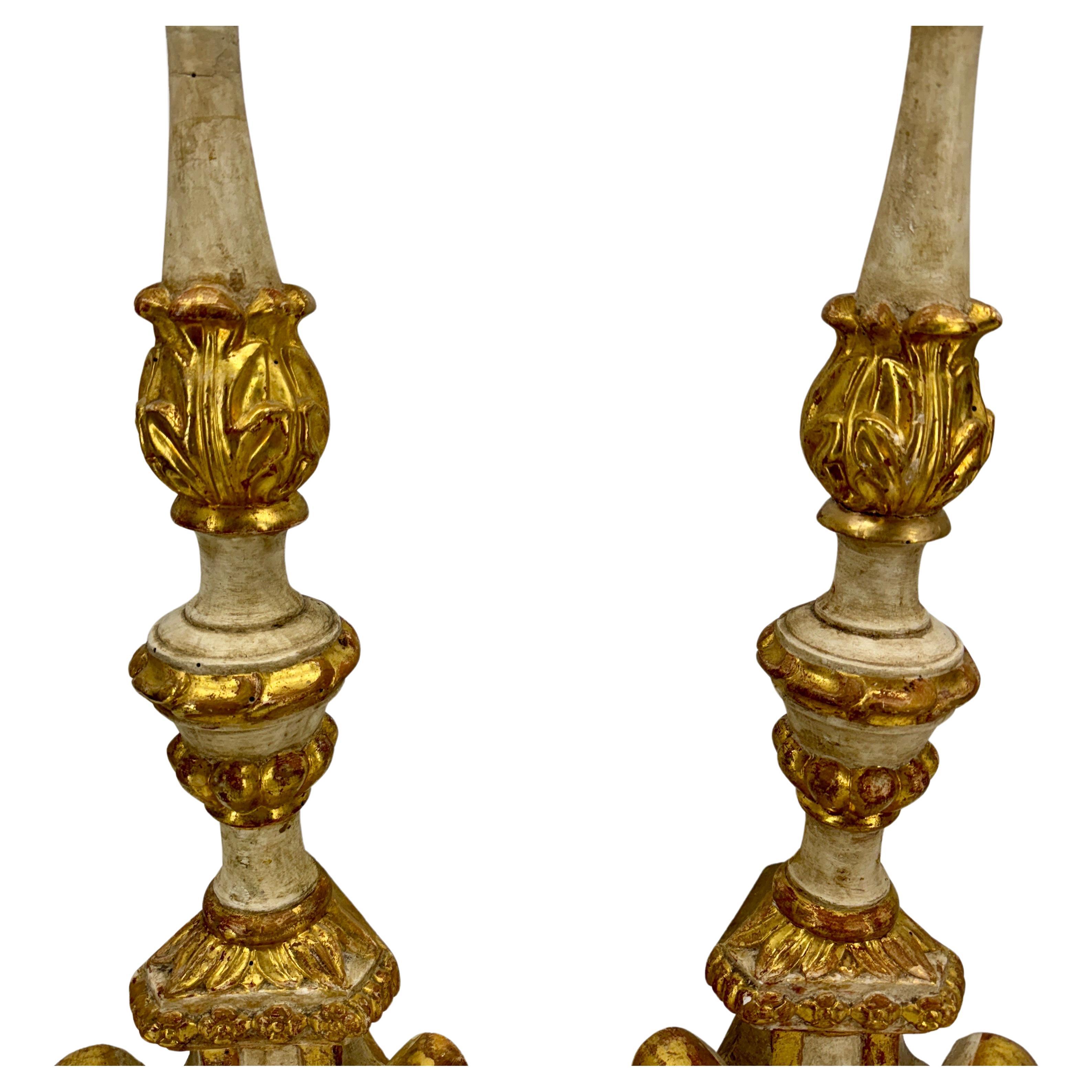 Hand-Crafted Pair of Tall Gilded Italian Pricket Alter Candlesticks With Original Paint For Sale