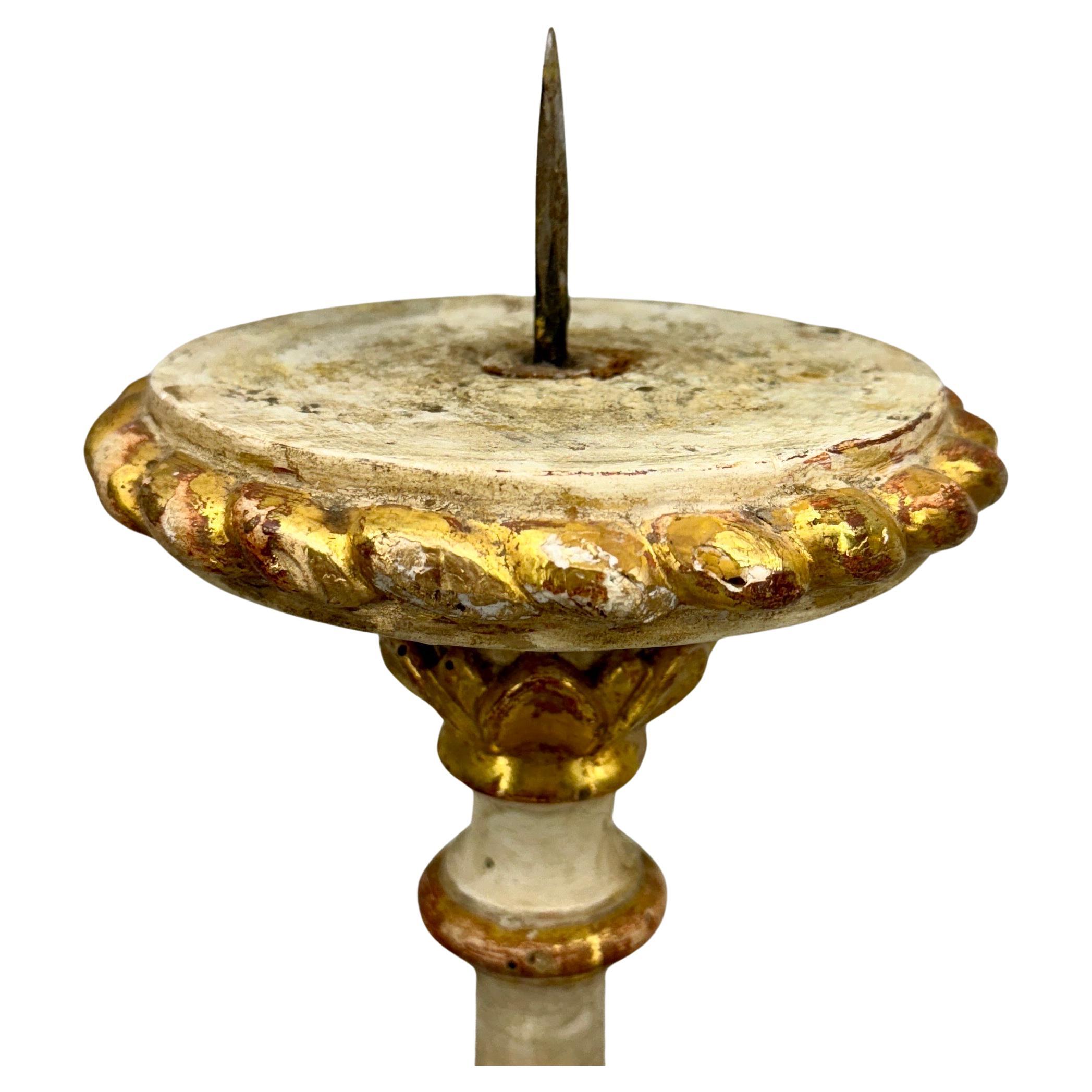 Pair of Tall Gilded Italian Pricket Alter Candlesticks With Original Paint In Good Condition For Sale In Haddonfield, NJ