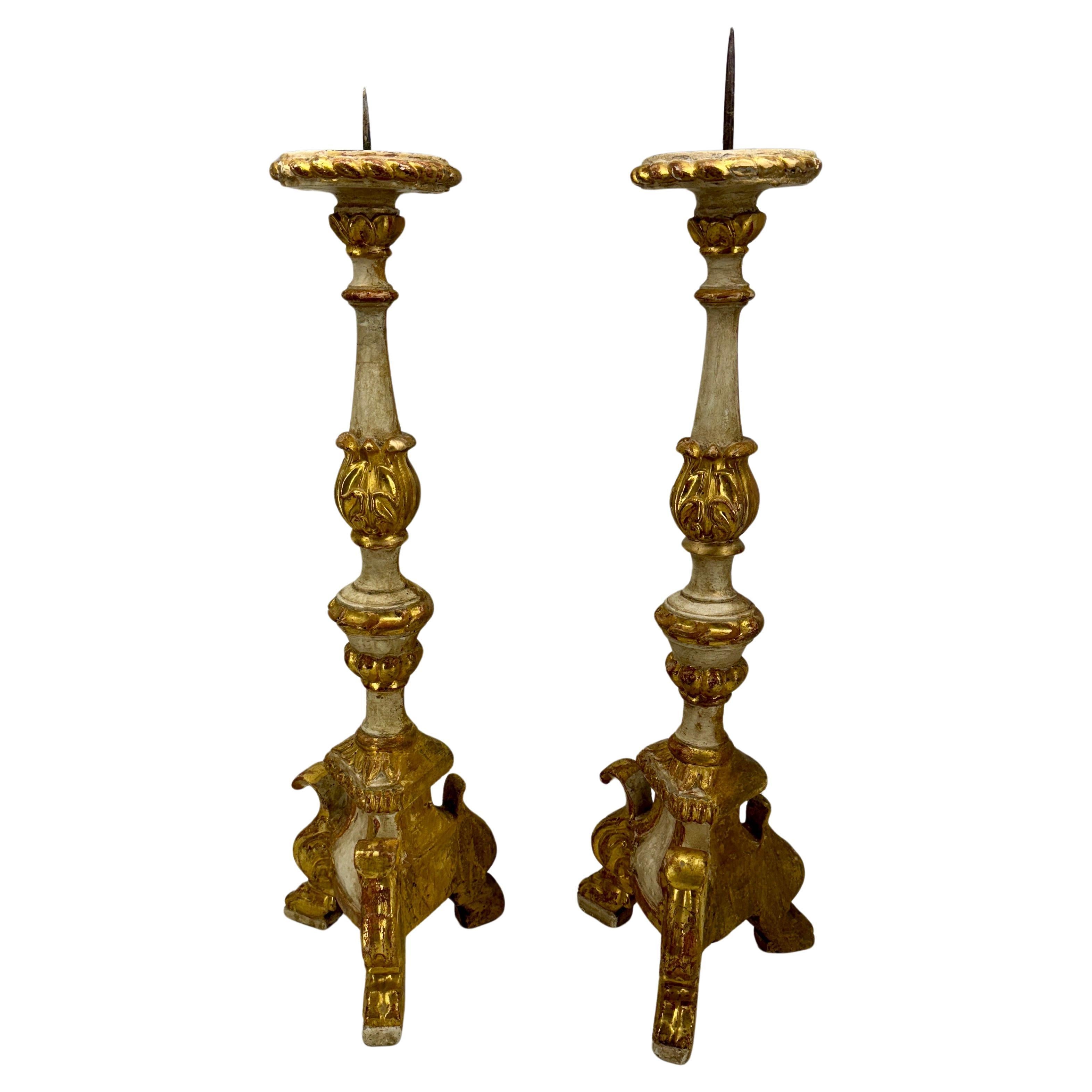 Pair of Tall Gilded Italian Pricket Alter Candlesticks With Original Paint For Sale 1