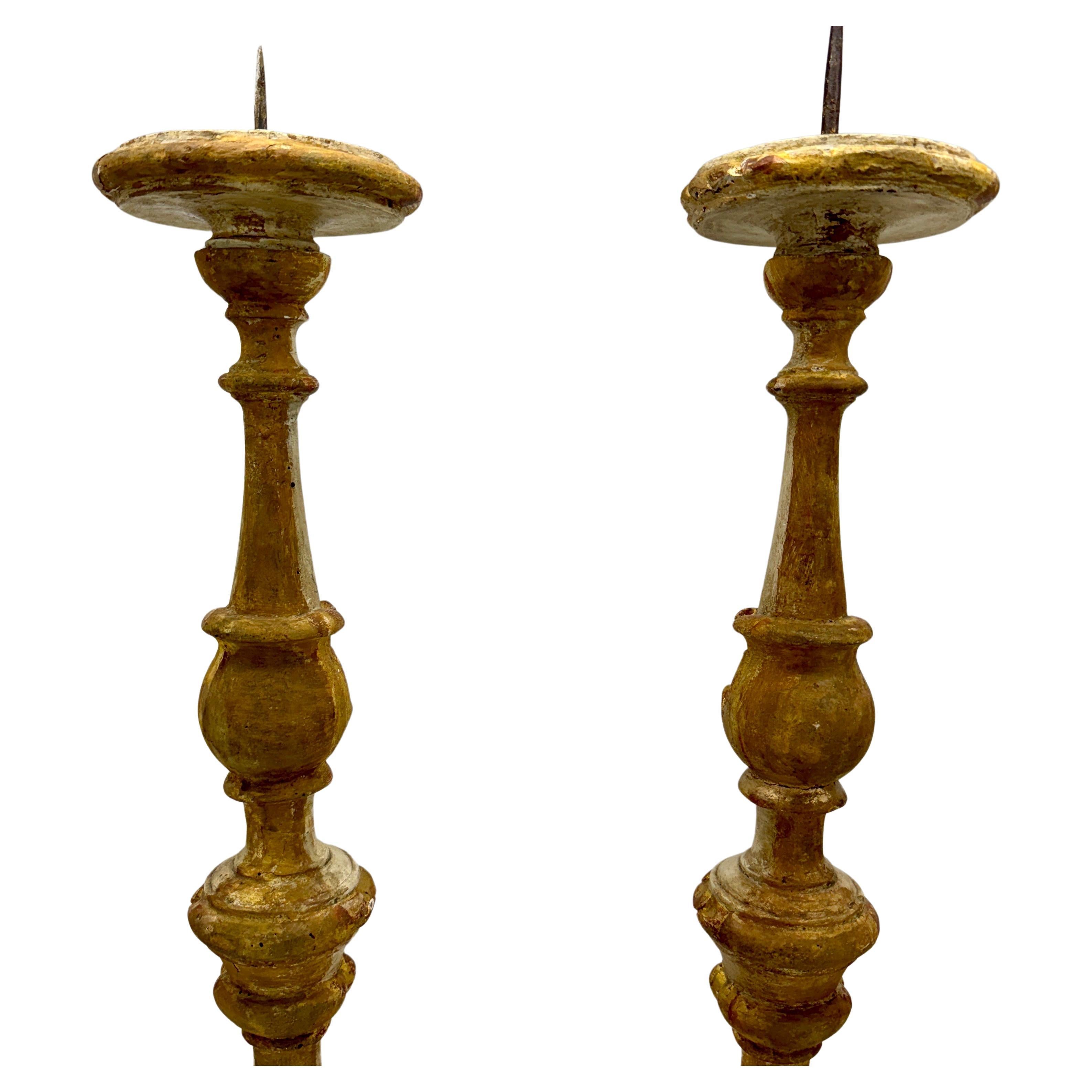 Pair of Tall Gilded Italian Pricket Alter Candlesticks With Original Paint For Sale 2