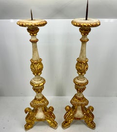 Pair of Tall Gilded Italian Pricket Alter Candlesticks With Original Paint