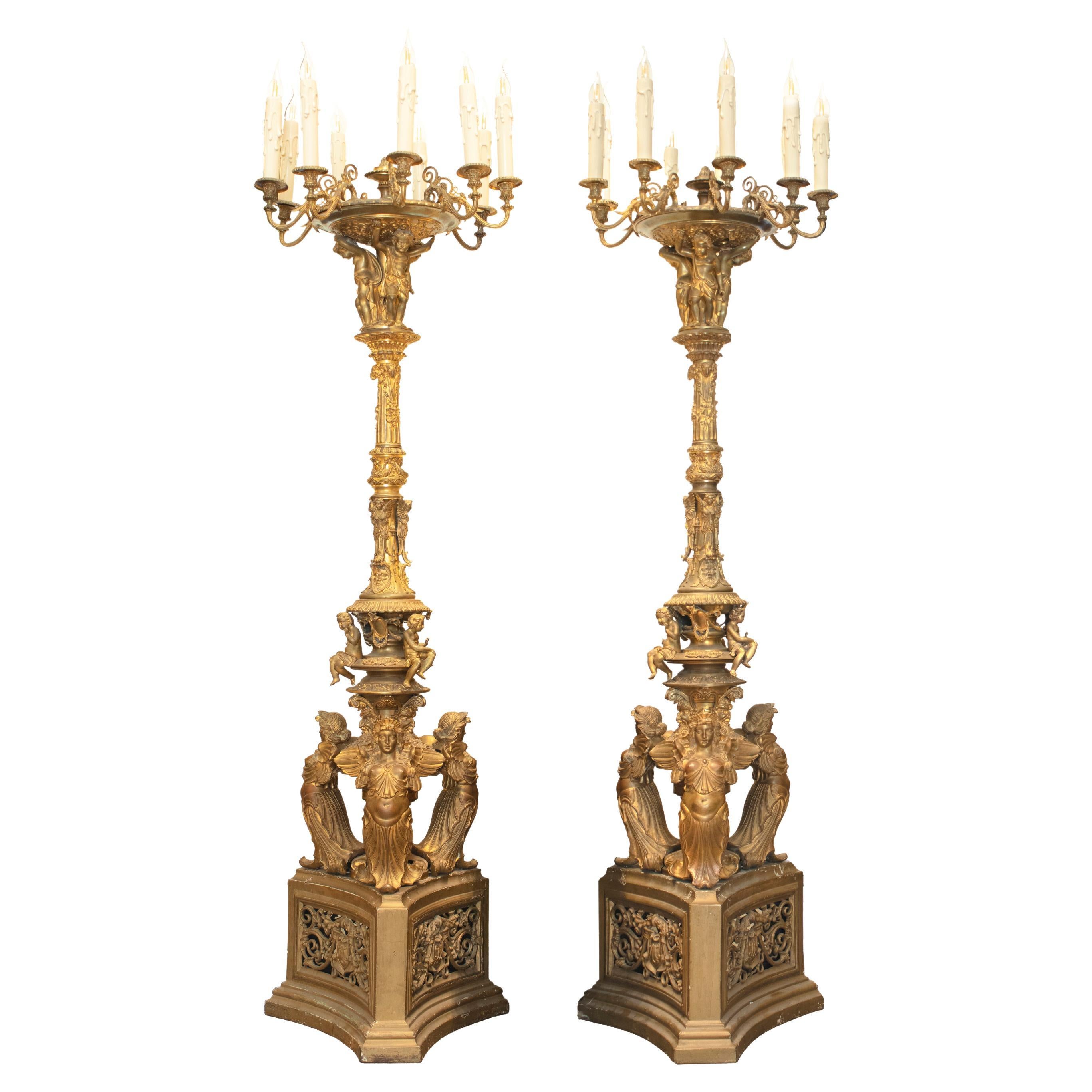 Pair of Tall Gilt Bronze 8-light Torcheres Decorated with Figurines For Sale