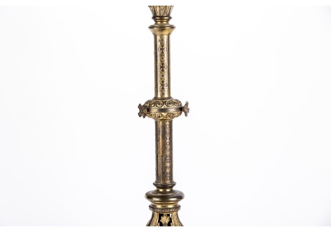 Pair Of Tall Gilt Bronze Altar Candlestick Lamps as Lamps In Fair Condition For Sale In Bridgeport, CT