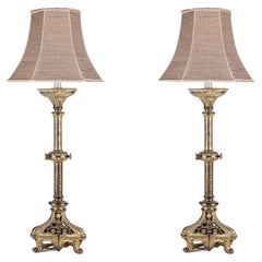 Pair Of Tall Gilt Bronze Altar Candlestick Lamps as Lamps
