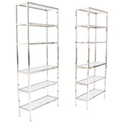 Pair of Tall Glass 6 Tier Shelves Chrome Étagerés