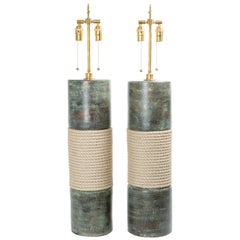 Pair of Tall Glazed Terracotta Cylindrical Table Lamps with Banded Rope Design
