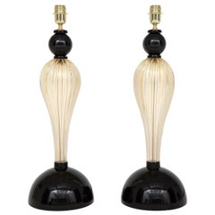 Pair of Tall Gold and Black Murano Glass Lamps, Signed, Italy