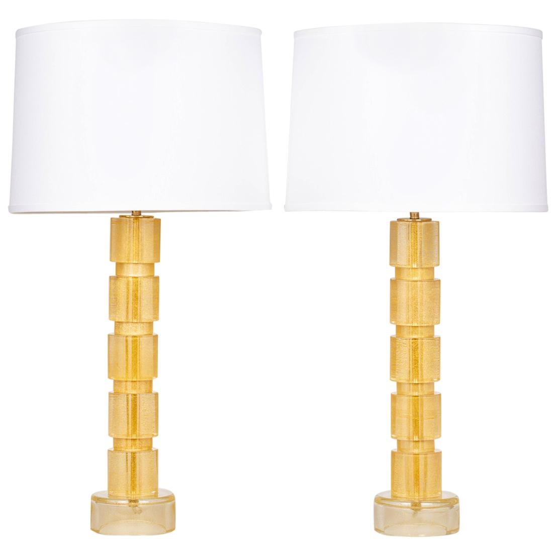 Murano Gold Glass Lamps Pair