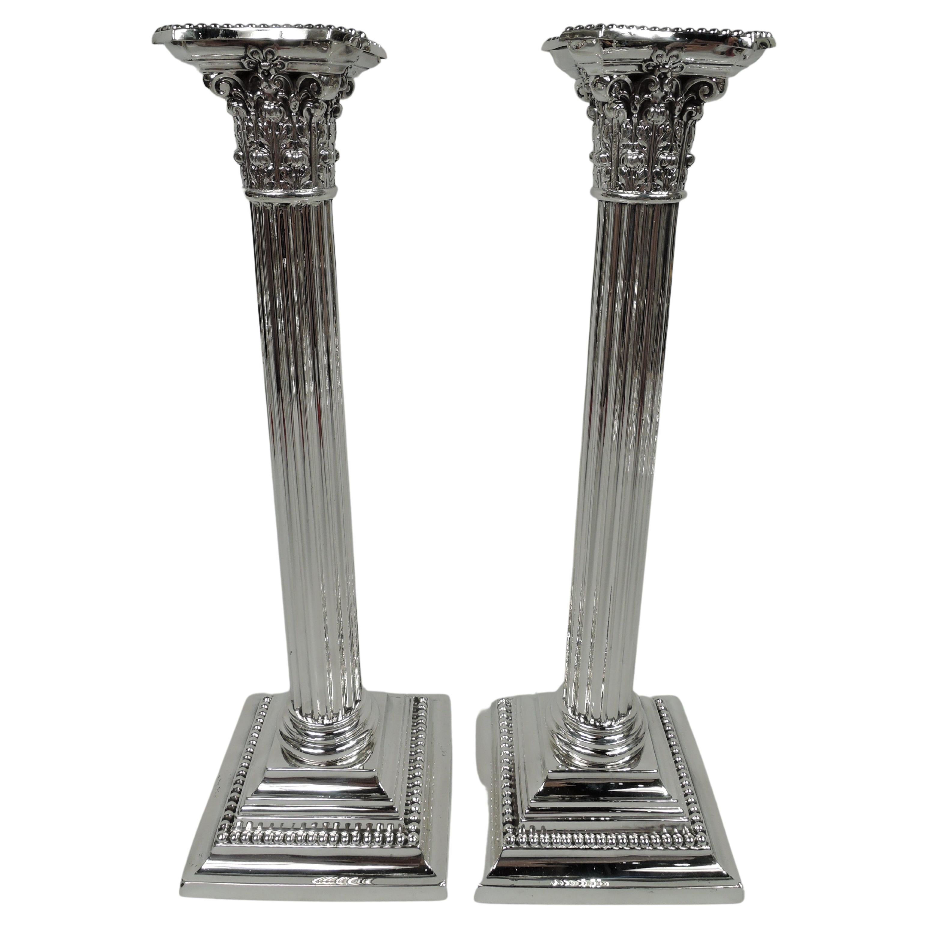 Pair of Tall Gorham Neoclassical Sterling Silver Column Candlesticks