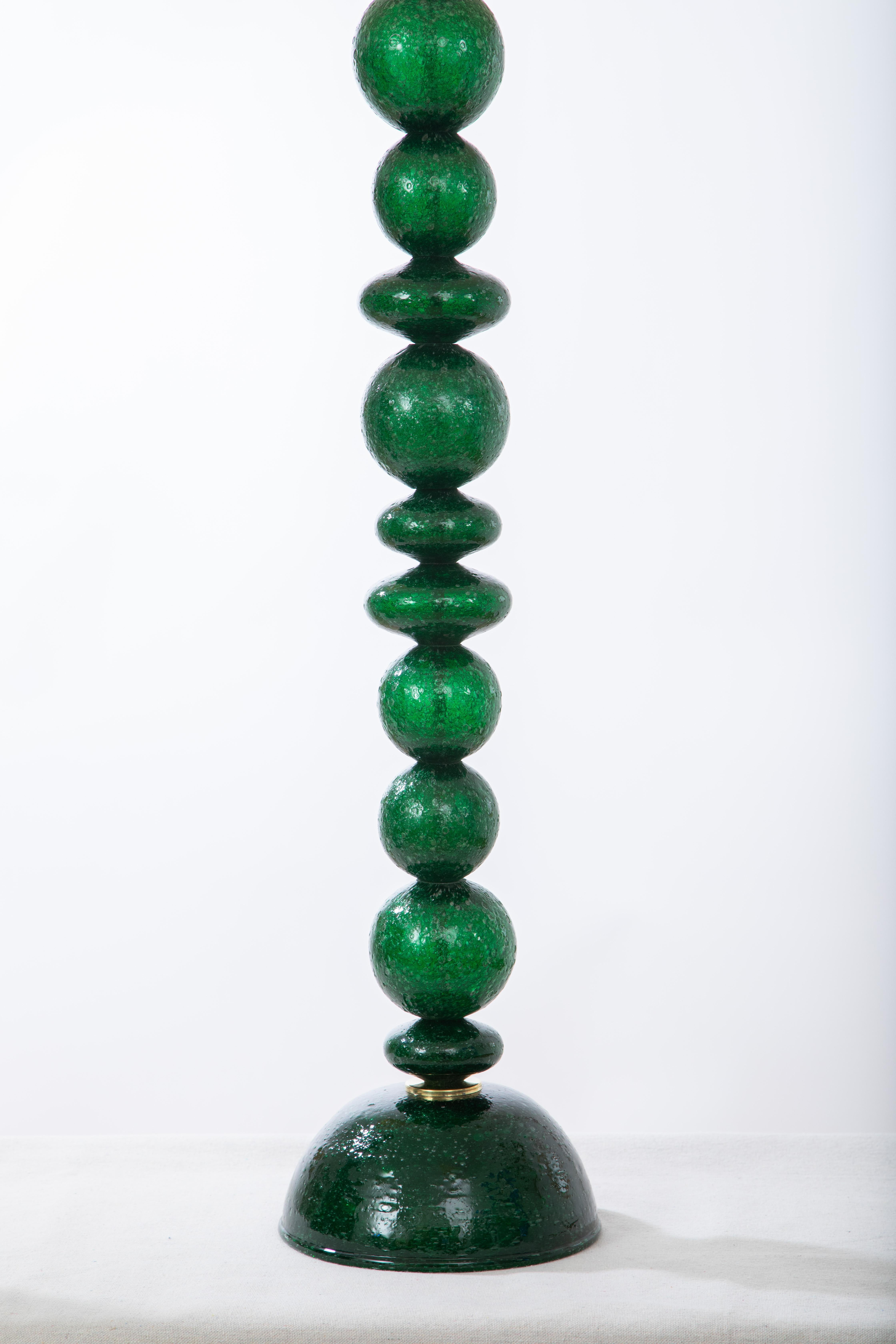 Pair of tall green Pulegoso Murano glass table lamps, in stock
One of kind Murano table lamp with 11-stacked different ball shape globes
Studio built using vintage parts
Newly wired for US standard
 Beautiful dark green color and texture
This