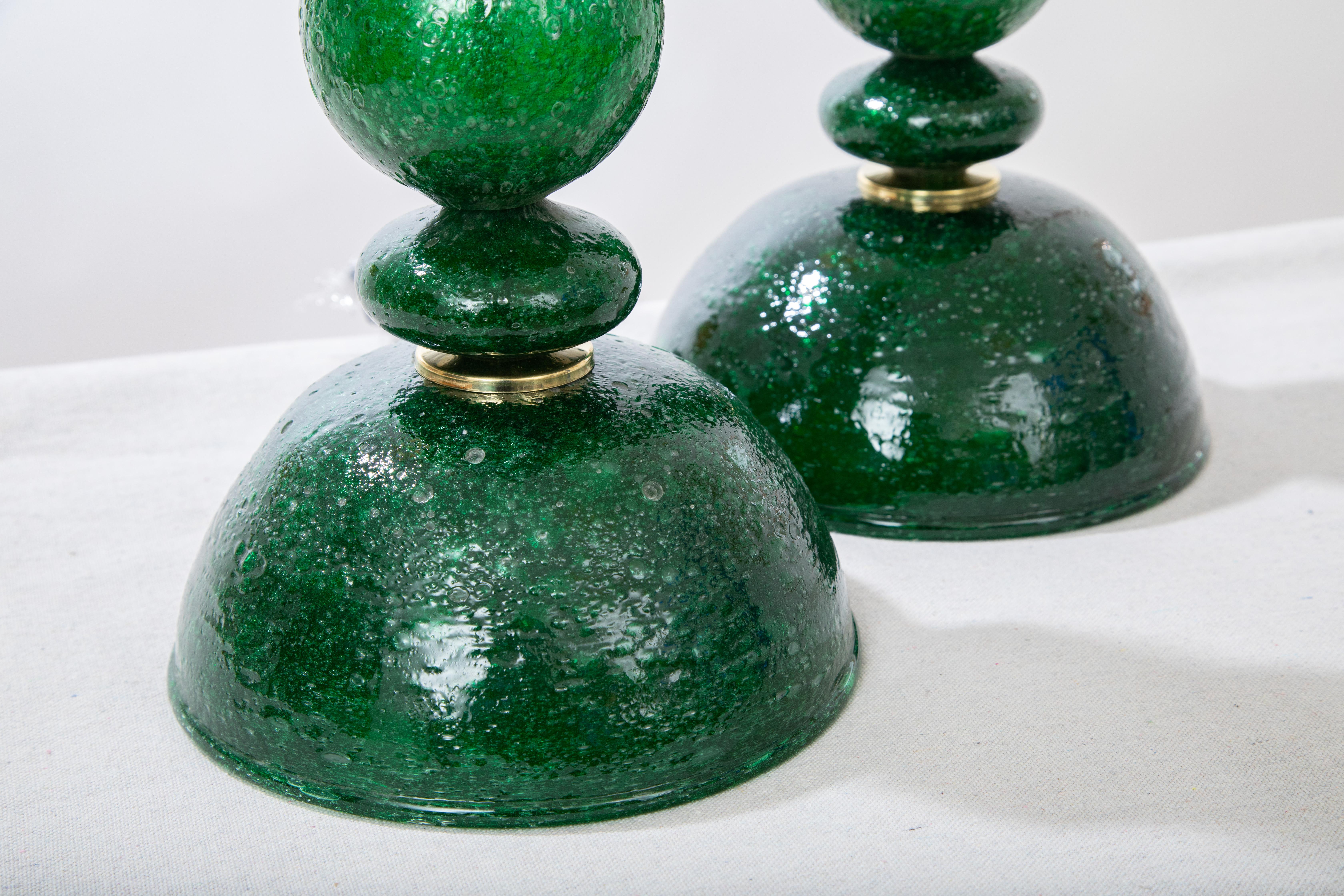 Italian Pair of Tall Green Pulegoso Murano Glass Table Lamps, in Stock For Sale