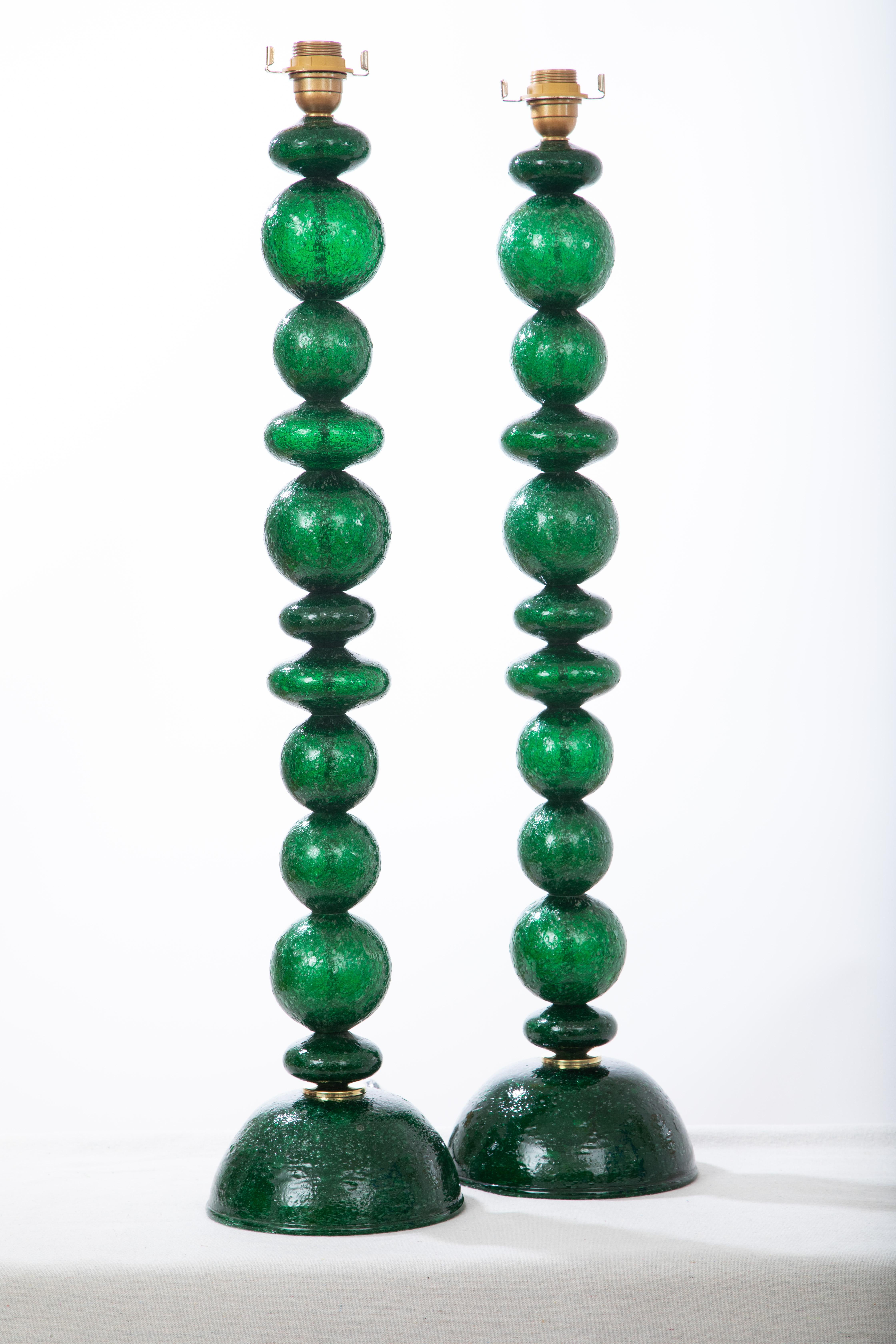 Pair of Tall Green Pulegoso Murano Glass Table Lamps, in Stock In New Condition For Sale In Miami, FL
