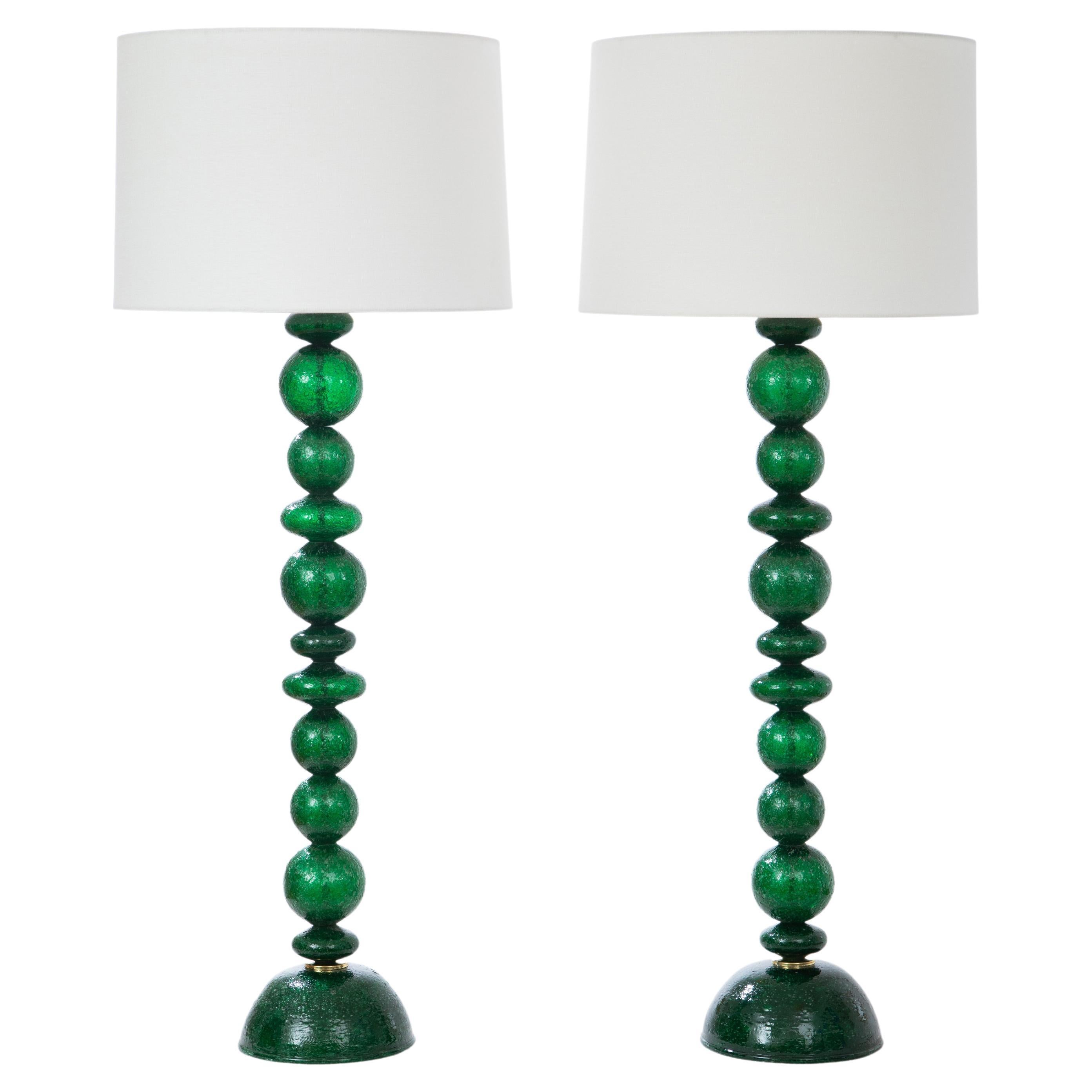 Pair of Tall Green Pulegoso Murano Glass Table Lamps, in Stock