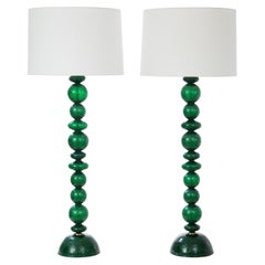 Pair of Tall Green Pulegoso Murano Glass Table Lamps, in Stock