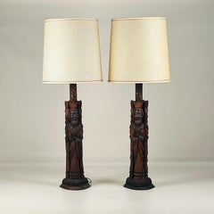 Pair of Tall Hand-Carved Wood Lamps from Spain with Original Shades