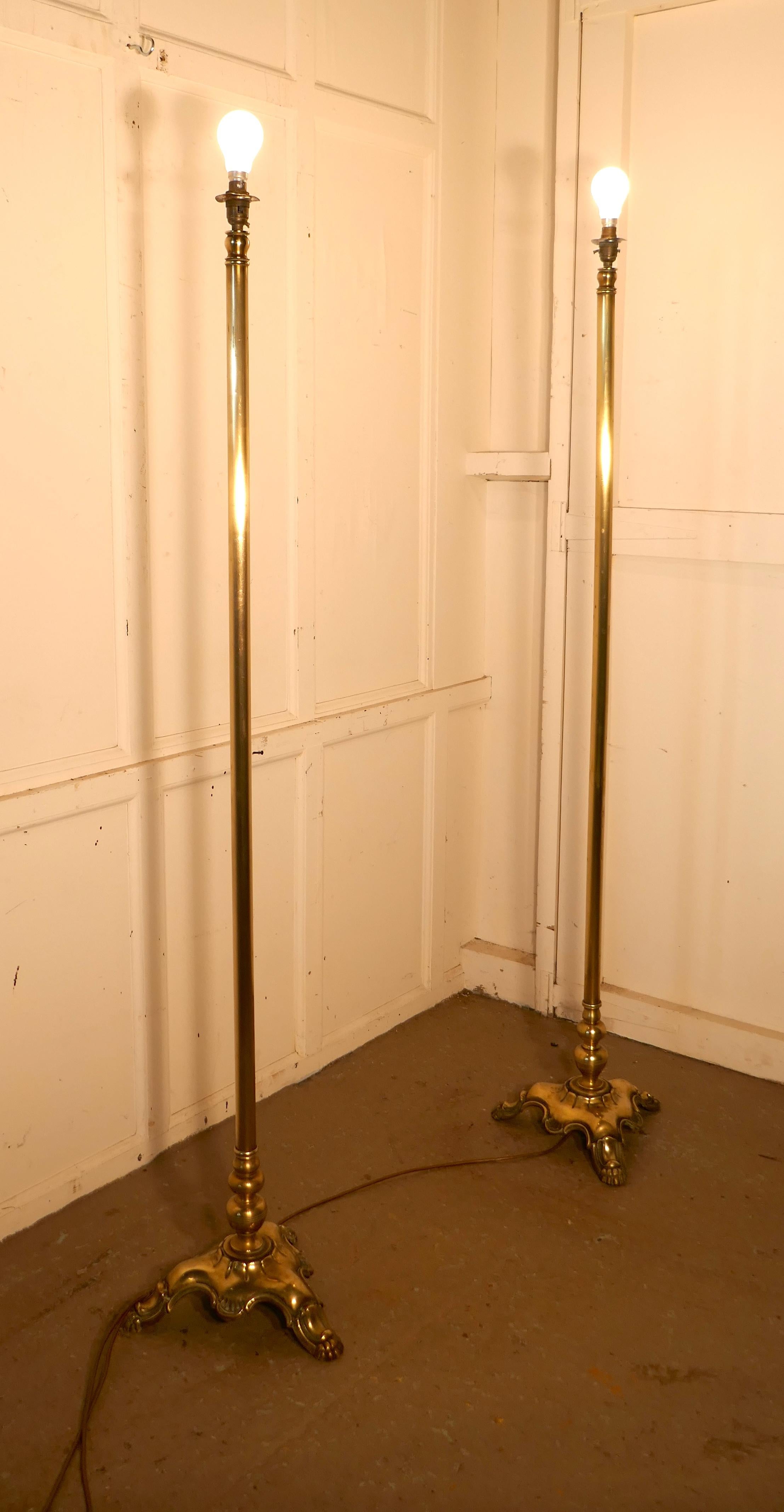 Pair of Tall Heavy Floor Lamps, Brass Arts & Crafts Standard Lamps 2