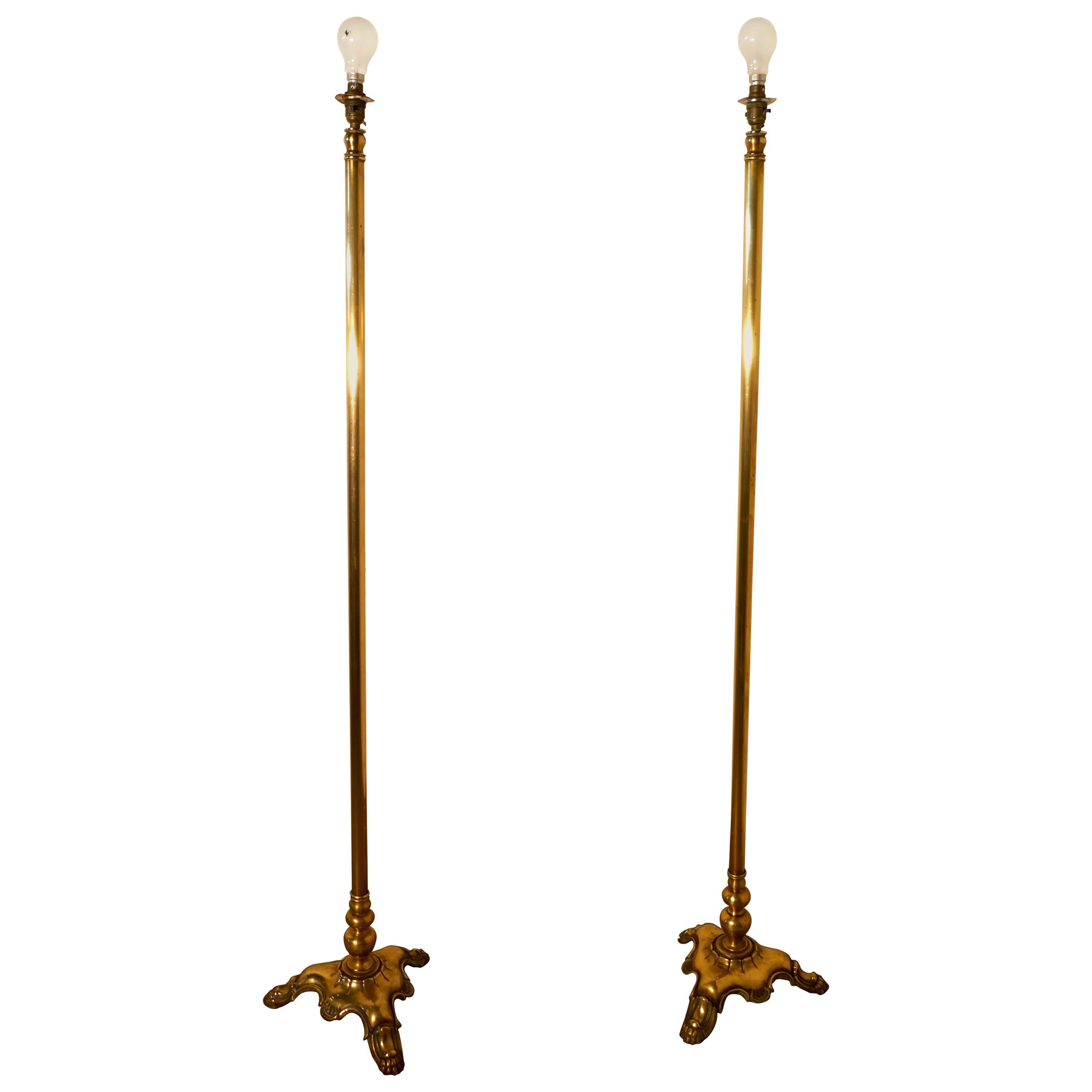 Pair of Tall Heavy Floor Lamps, Brass Arts & Crafts Standard Lamps