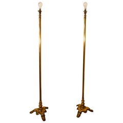 Antique Pair of Tall Heavy Floor Lamps, Brass Arts & Crafts Standard Lamps