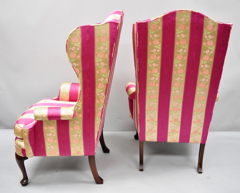 Pair of Tall High Back Pink Gold Queen Anne Wingback Arm Chairs by