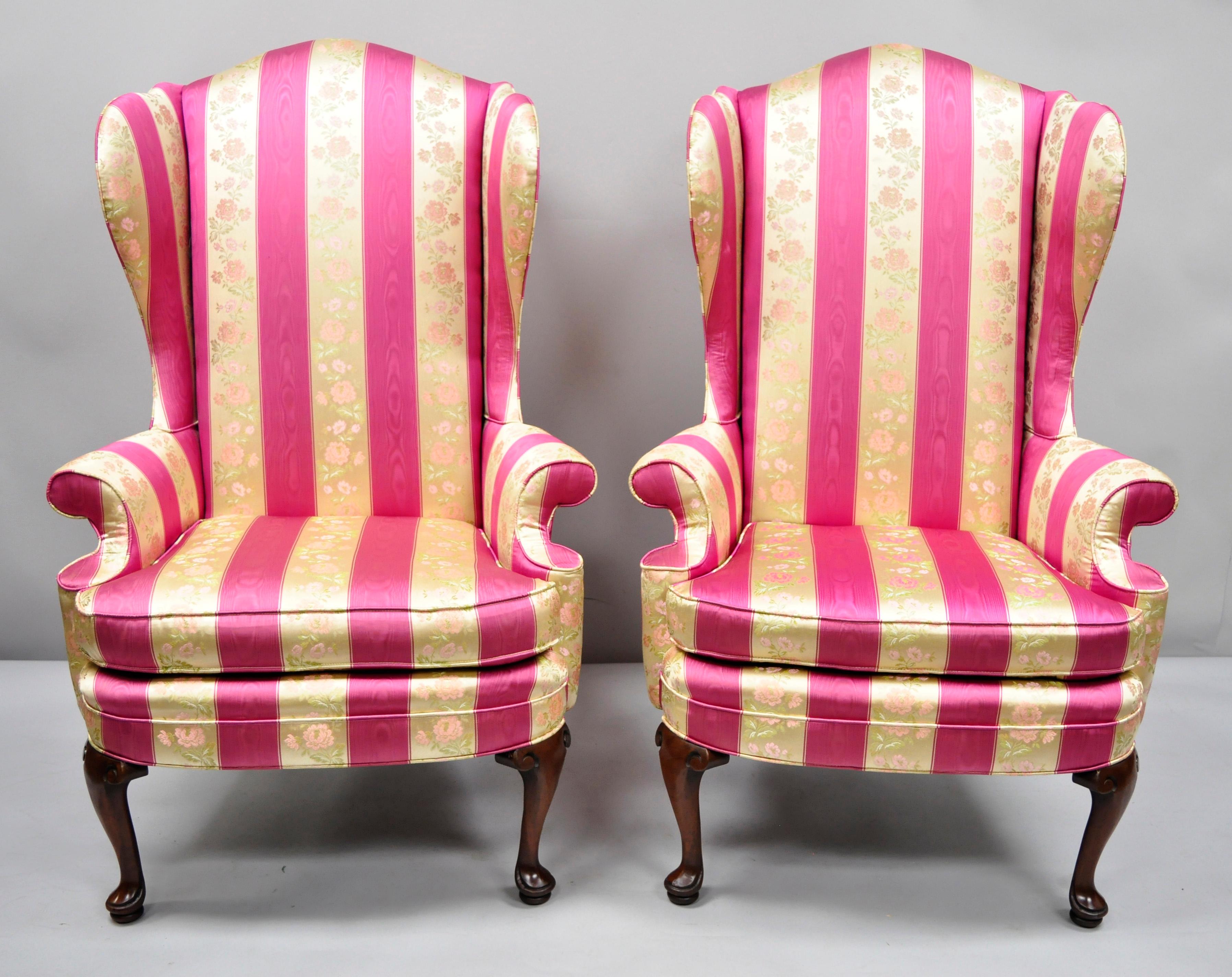 Pair of Tall High Back Pink Gold Queen Anne Wingback Arm Chairs by Statesville 3