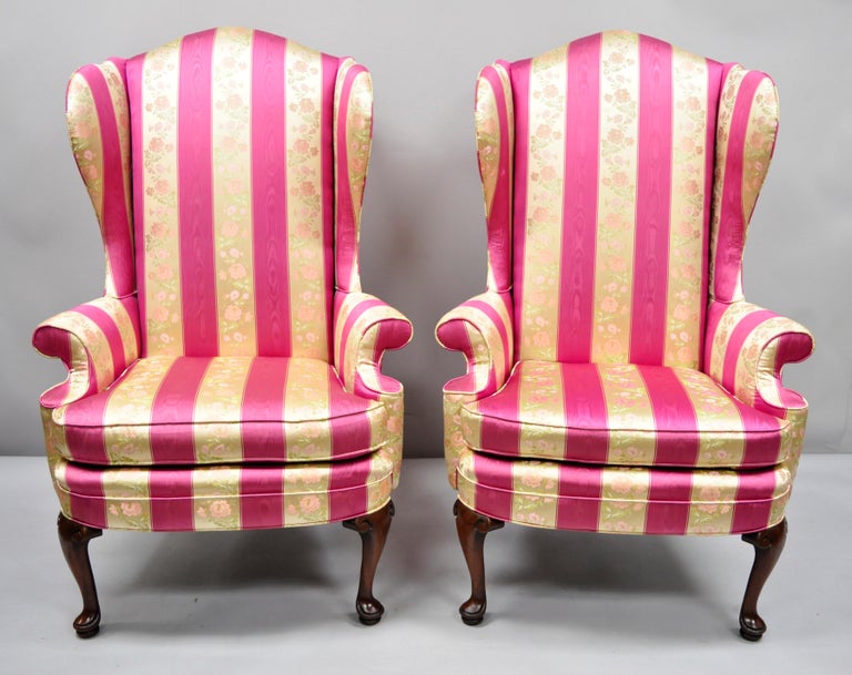 Pair of Tall High Back Pink Gold Queen Anne Wingback Arm Chairs by