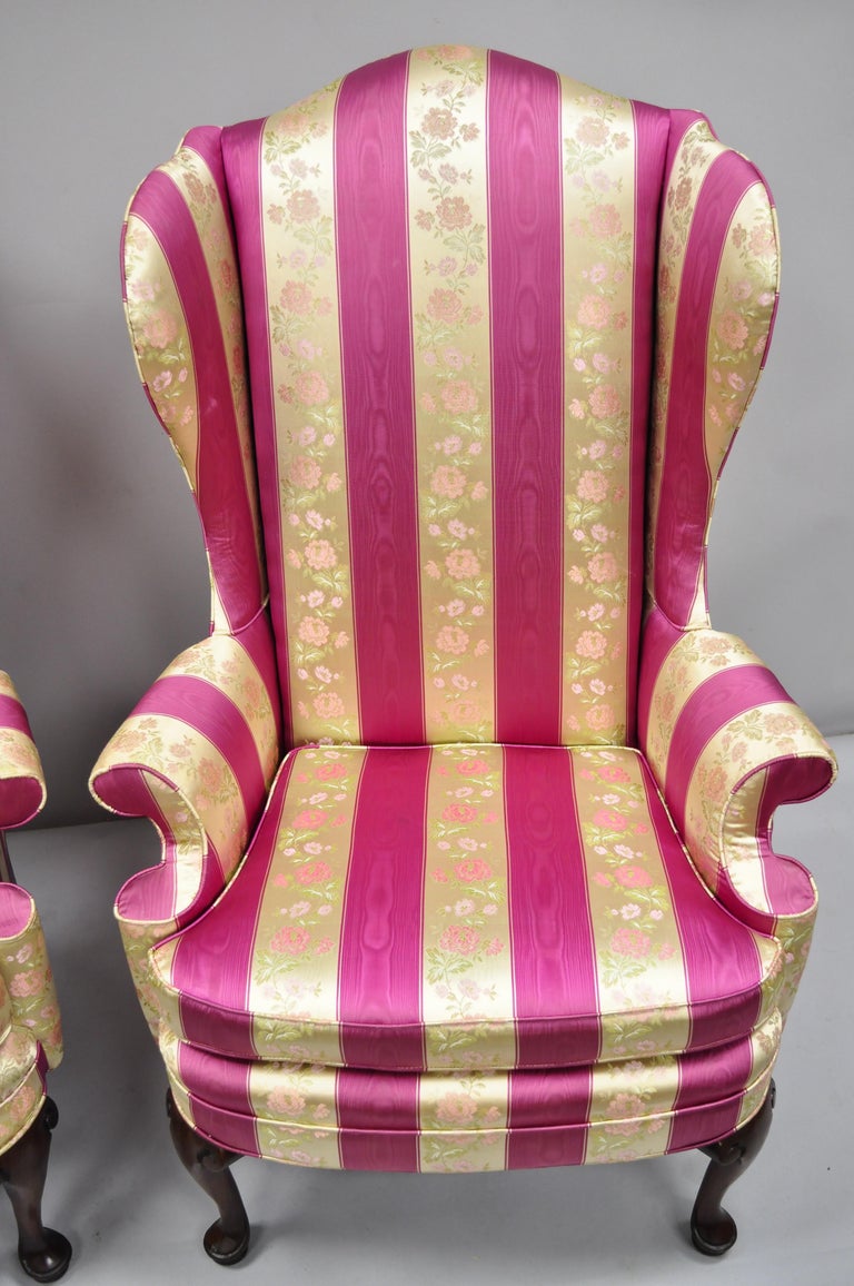 Pair of Tall High Back Pink Gold Queen Anne Wingback Arm Chairs by