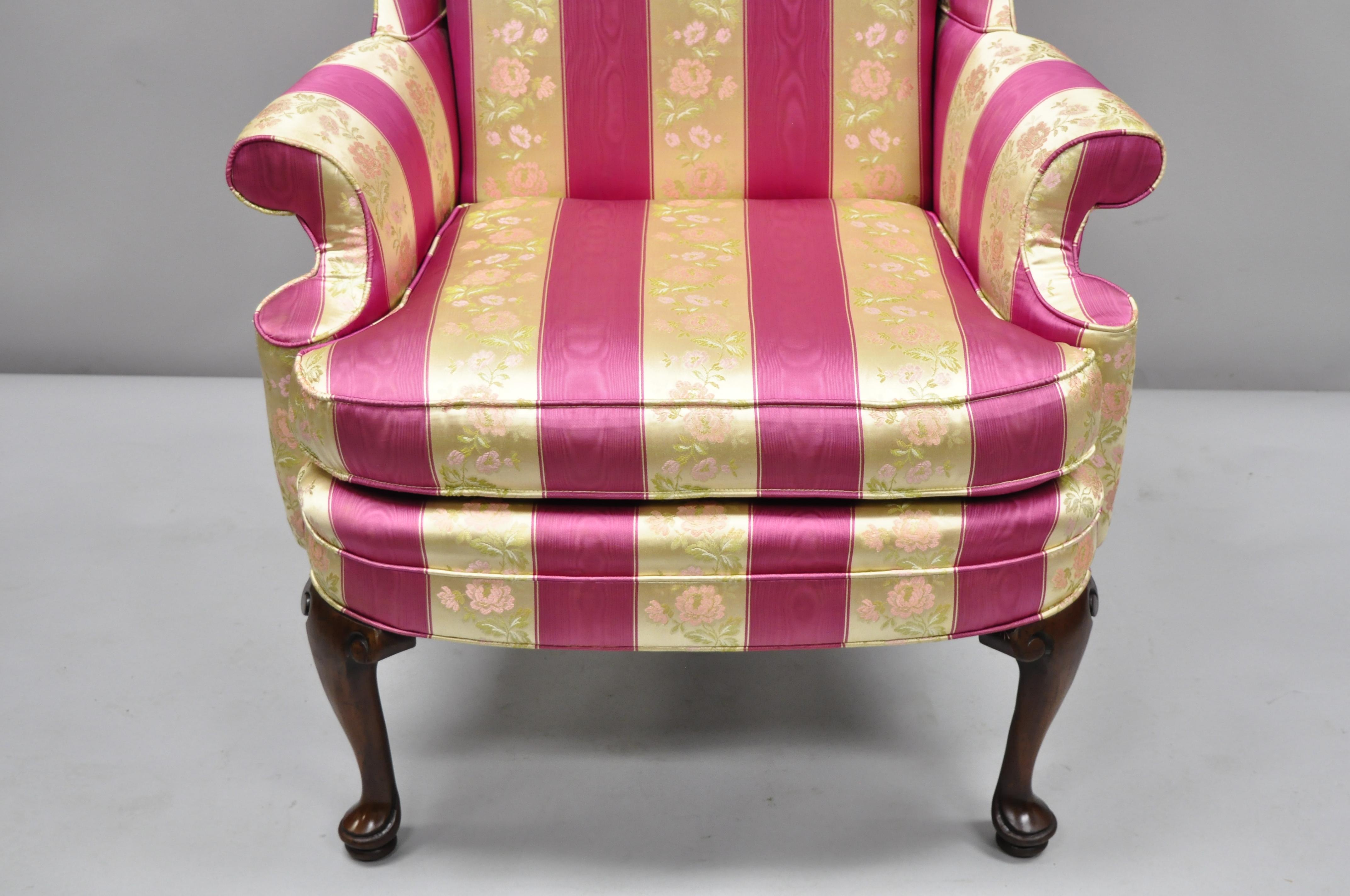 American Pair of Tall High Back Pink Gold Queen Anne Wingback Arm Chairs by Statesville