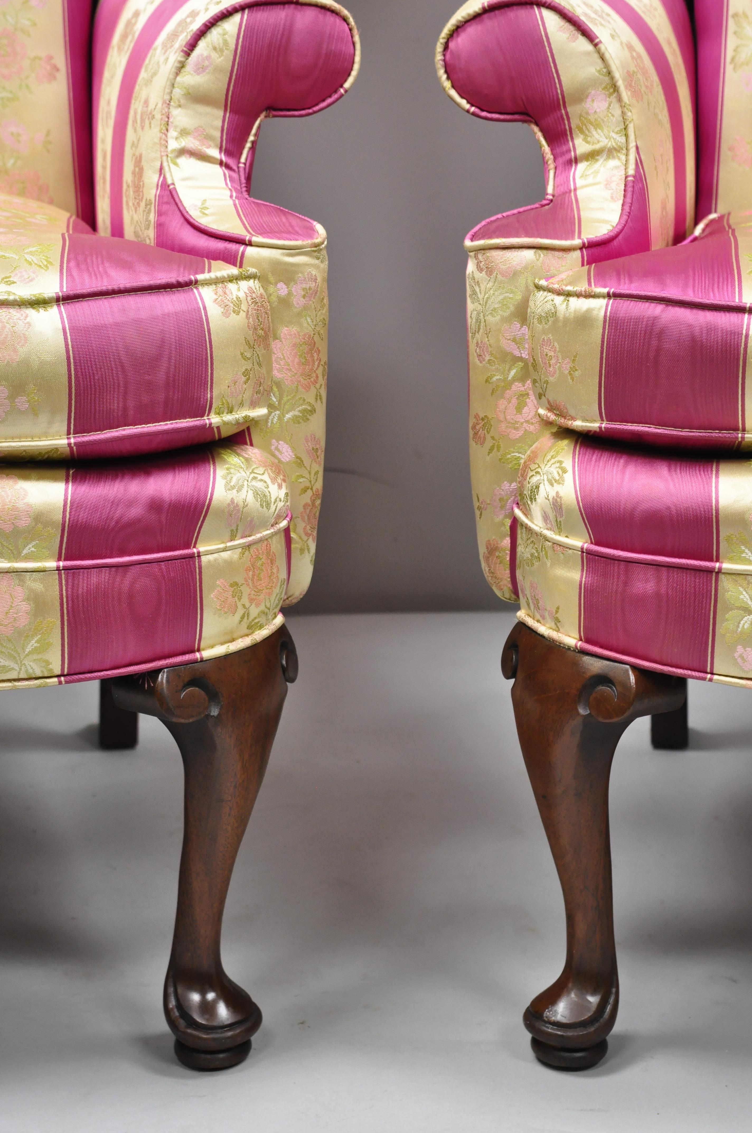 20th Century Pair of Tall High Back Pink Gold Queen Anne Wingback Arm Chairs by Statesville