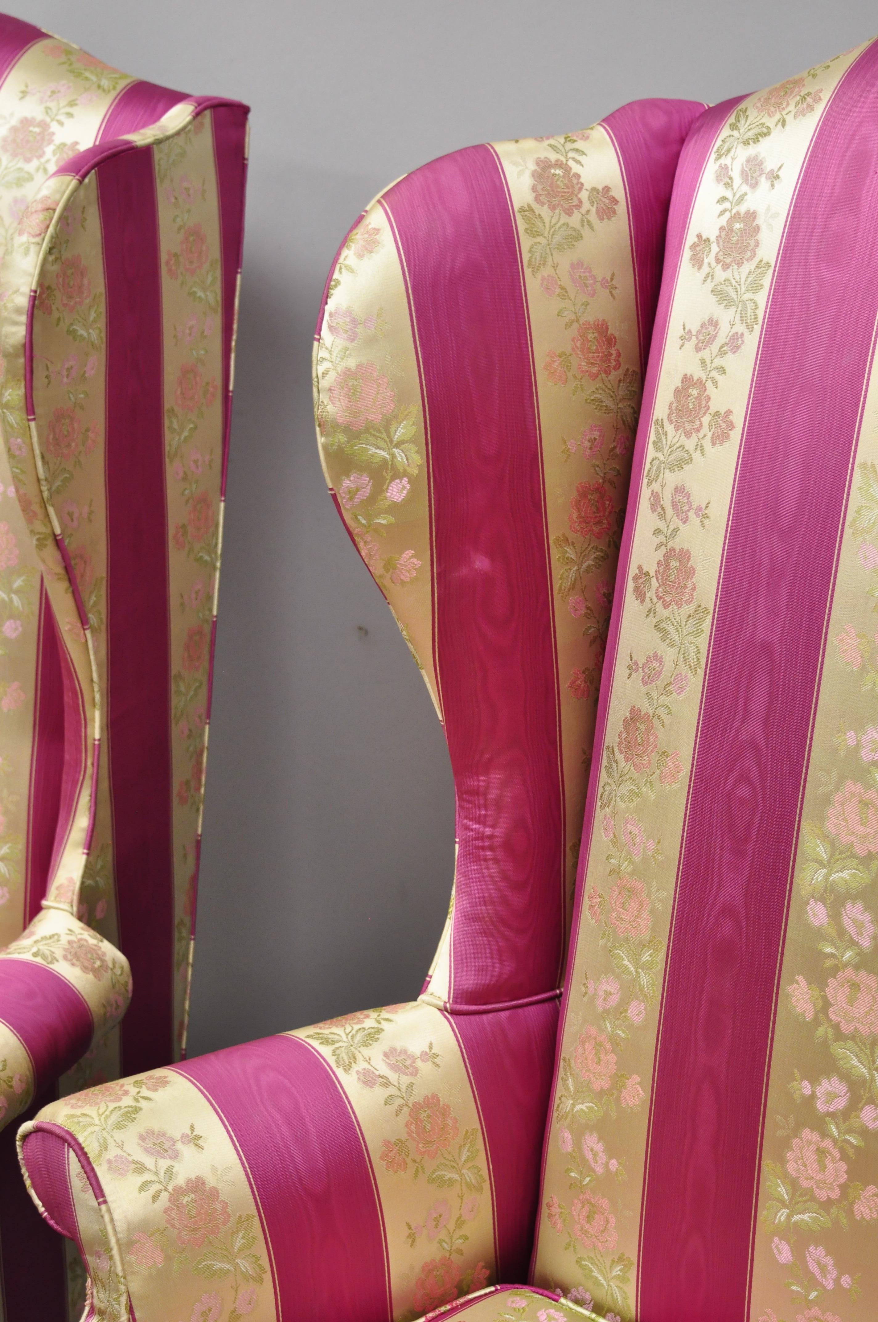 Mahogany Pair of Tall High Back Pink Gold Queen Anne Wingback Arm Chairs by Statesville