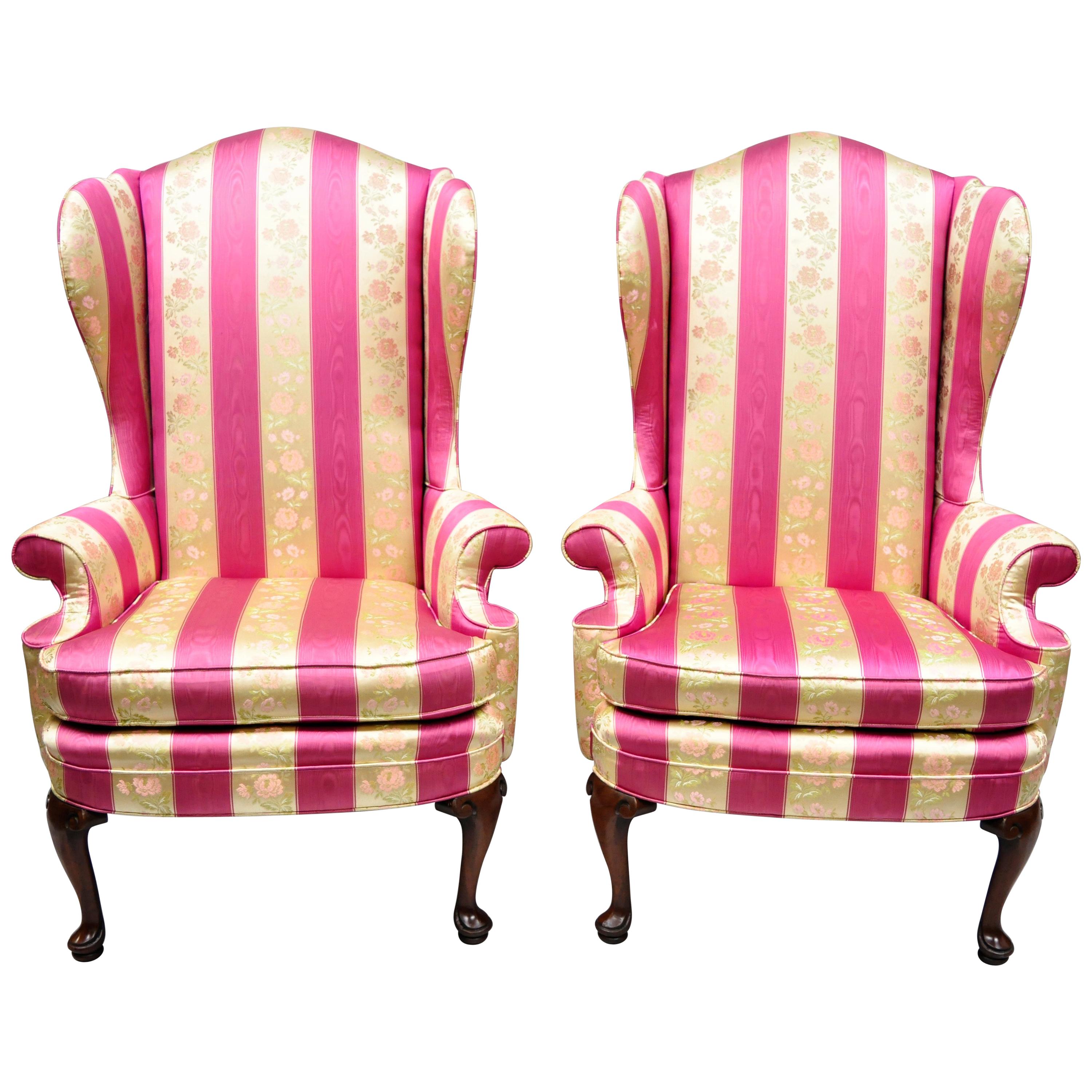 Pair of Tall High Back Pink Gold Queen Anne Wingback Arm Chairs by Statesville