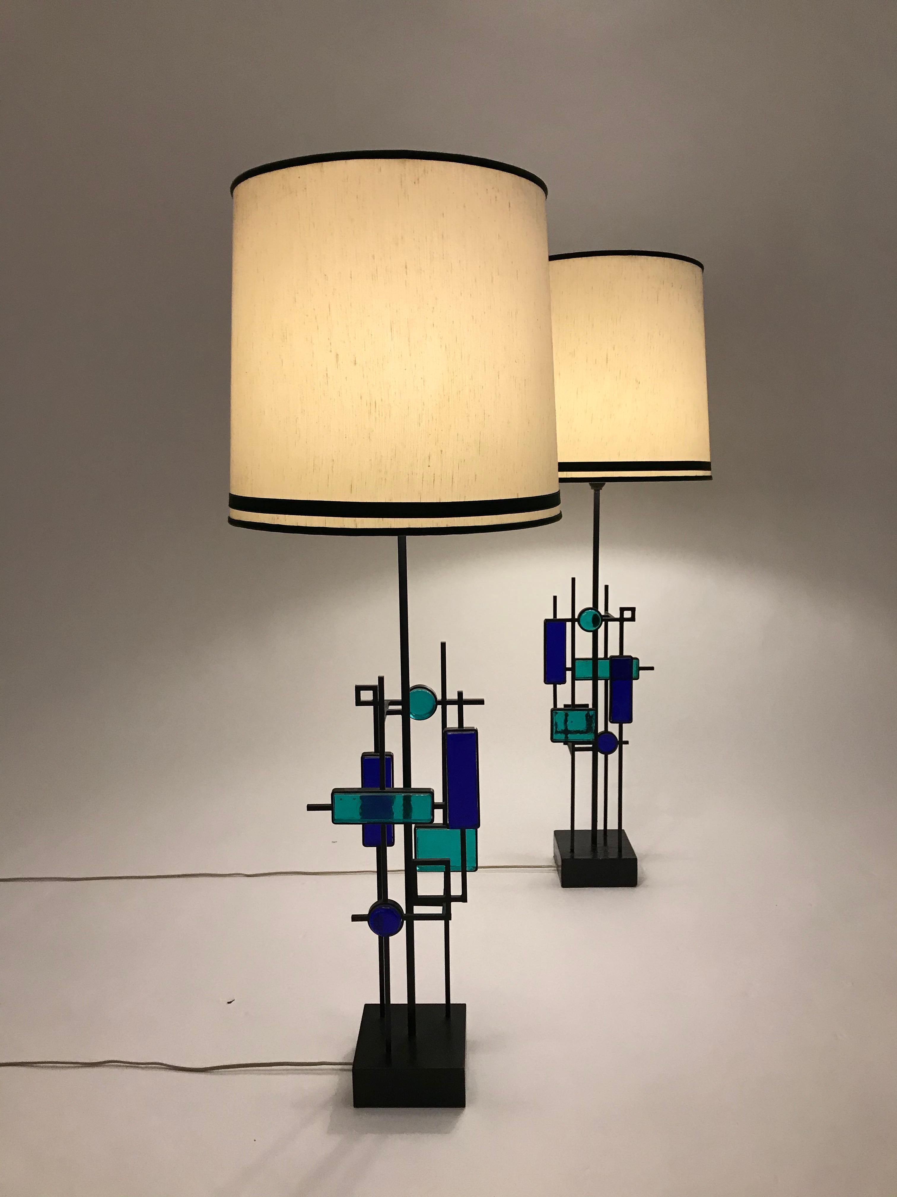 Danish Pair of Tall Mid-Century Iron and Glass Table Lamps by Svend Aage Holm Sorensen