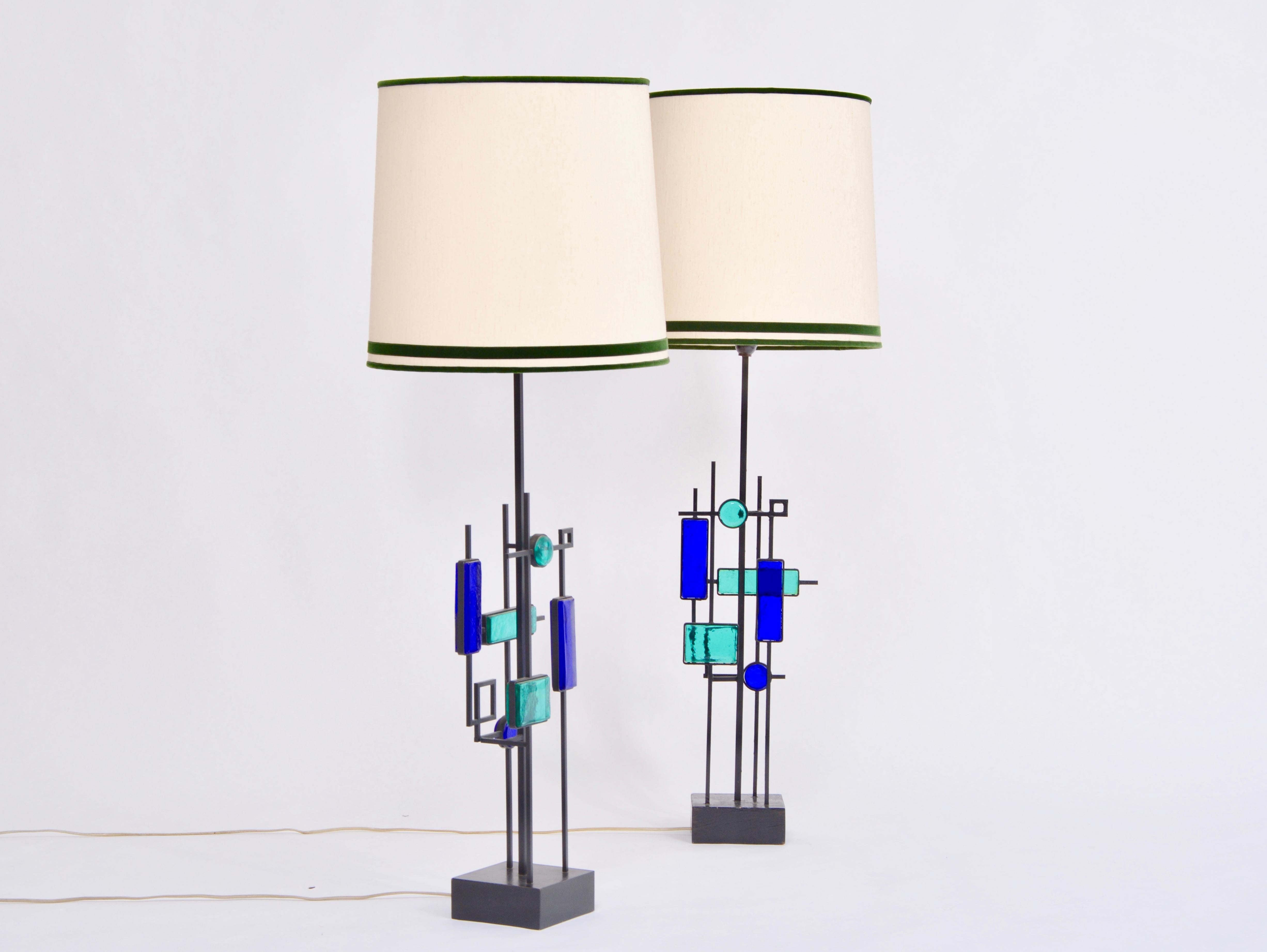 Pair of Tall Mid-Century Iron and Glass Table Lamps by Svend Aage Holm Sorensen In Good Condition In Berlin, DE
